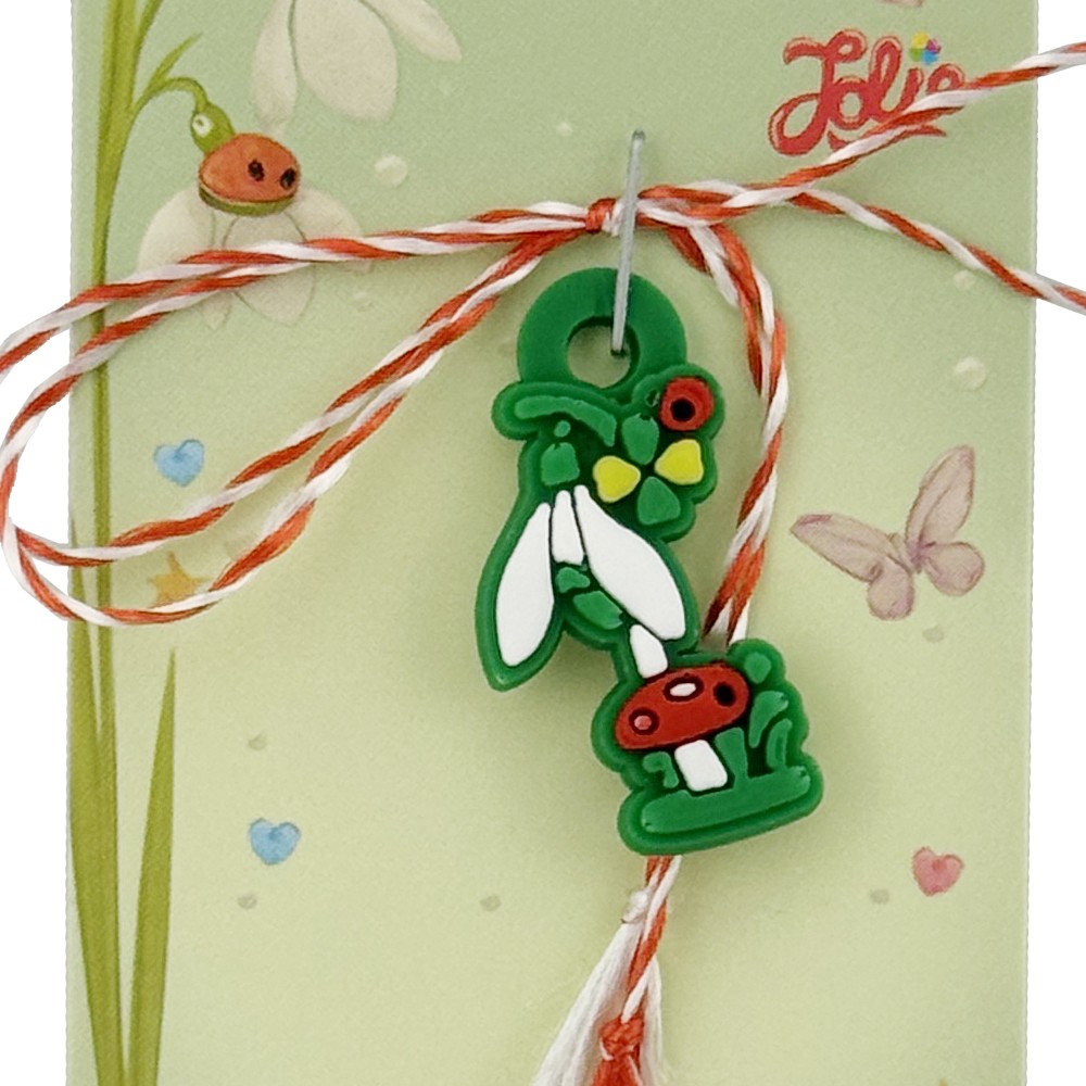 Martisor pentru Copii, Jolie, Model GHIOCEL cu TRIFOI, din Cauciuc, cu Snur Impletit Alb/Rosu, Ambalaj Carton cu Design, Verde