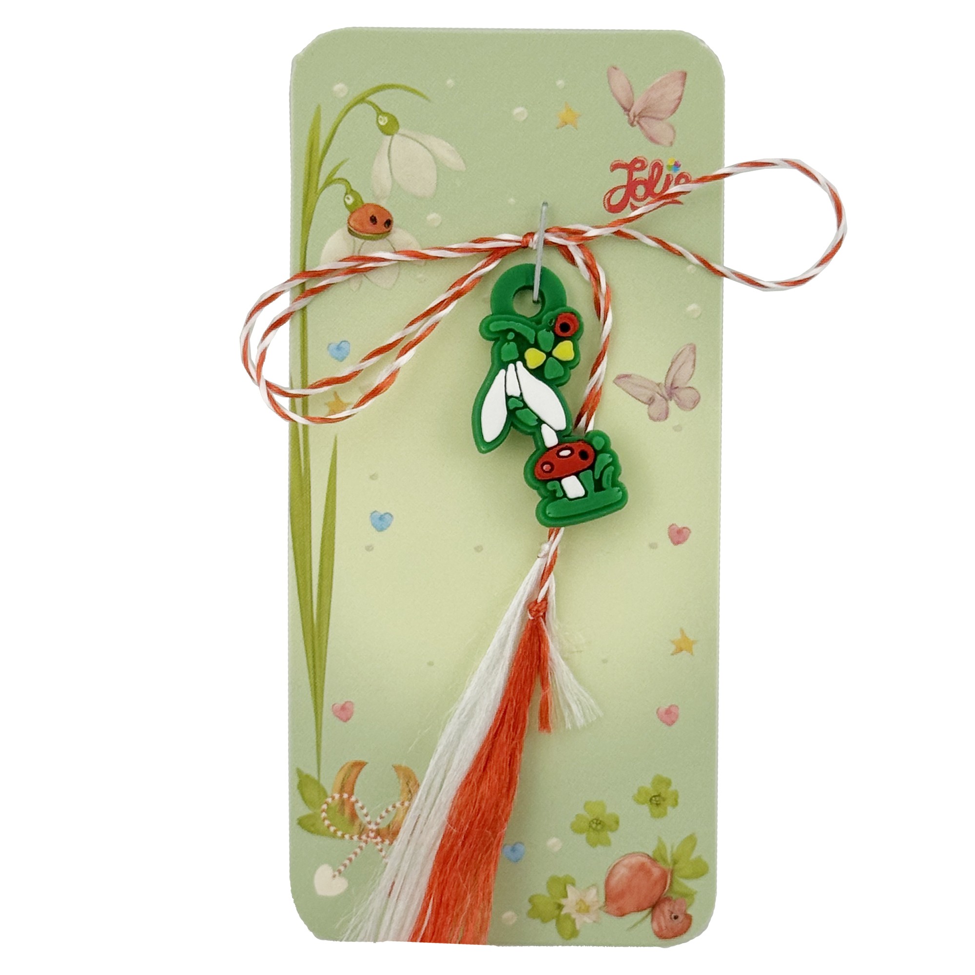 Martisor pentru Copii, Jolie, Model GHIOCEL cu TRIFOI, din Cauciuc, cu Snur Impletit Alb/Rosu, Ambalaj Carton cu Design, Verde