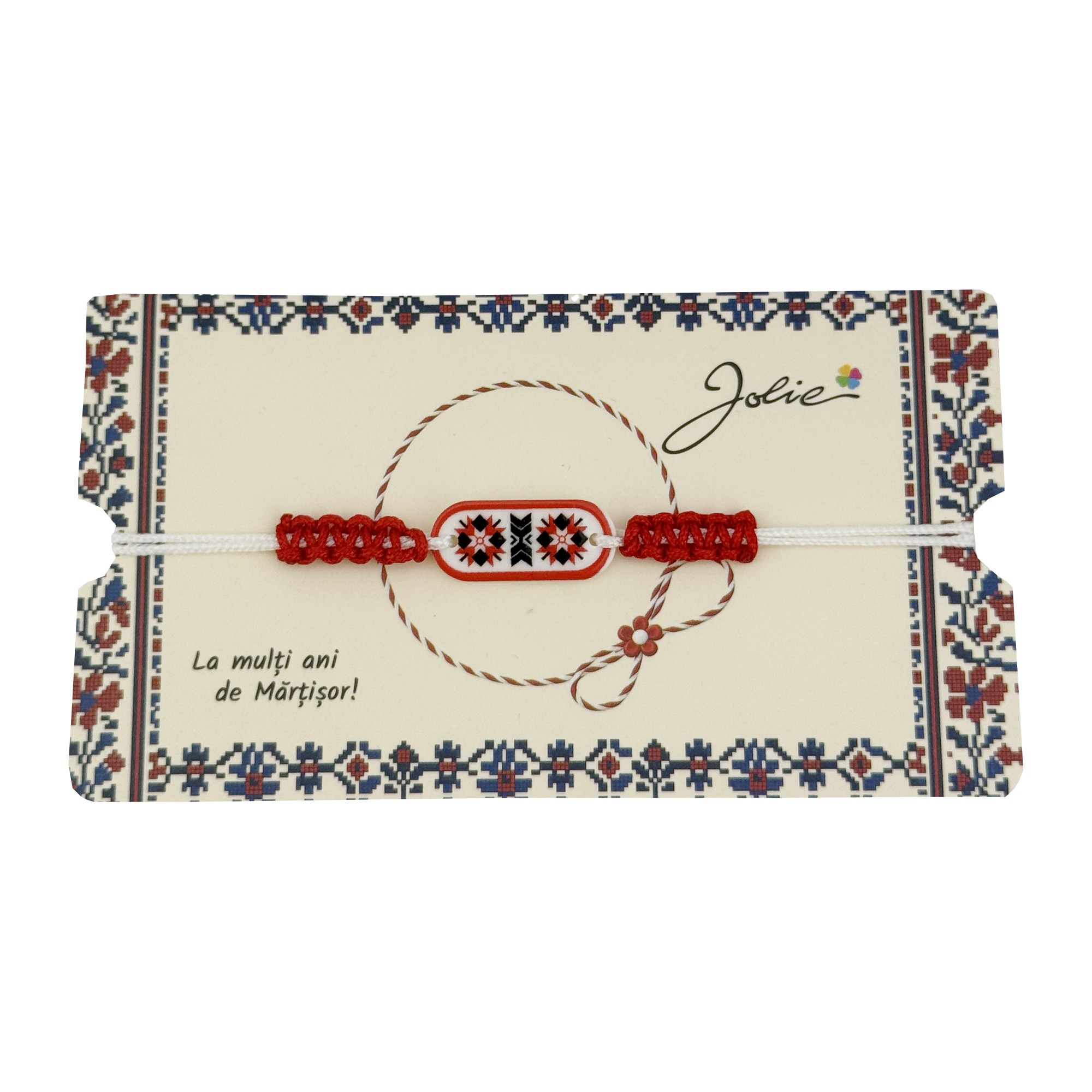 Martisor de Tip Bratara Norocoasa, Jolie, Ornament Central cu Motive Populare, Model Rosu, Dimensiune Reglabila, Ambalaj Individual cu Design