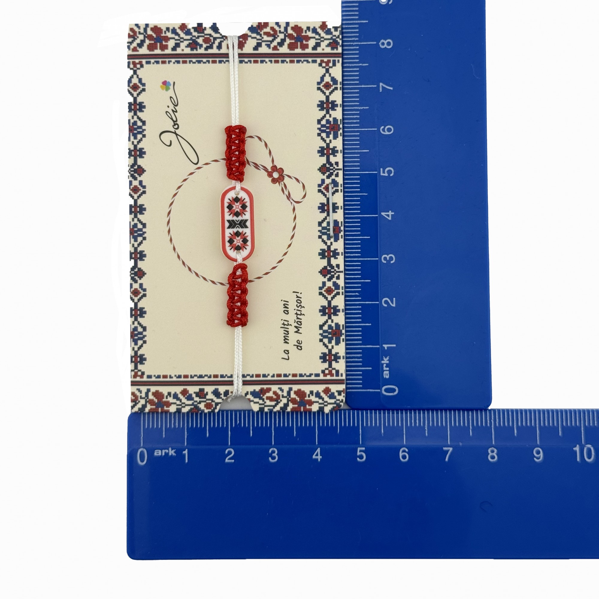 Martisor de Tip Bratara Norocoasa, Jolie, Ornament Central cu Motive Populare, Model Rosu, Dimensiune Reglabila, Ambalaj Individual cu Design