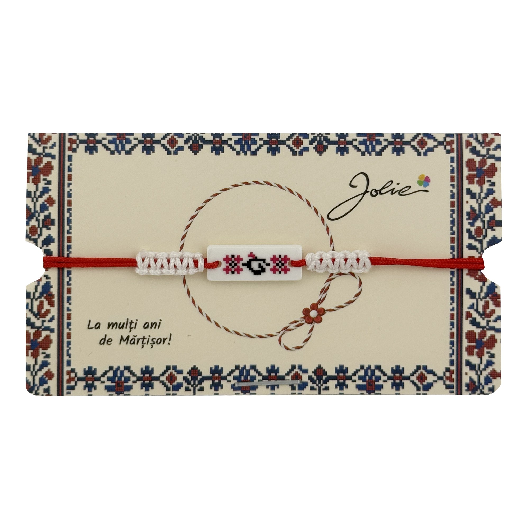 Martisor de Tip Bratara Norocoasa, Jolie, Ornament Central cu Motive Populare, Model Alb, Dimensiune Reglabila, Ambalaj Individual cu Design