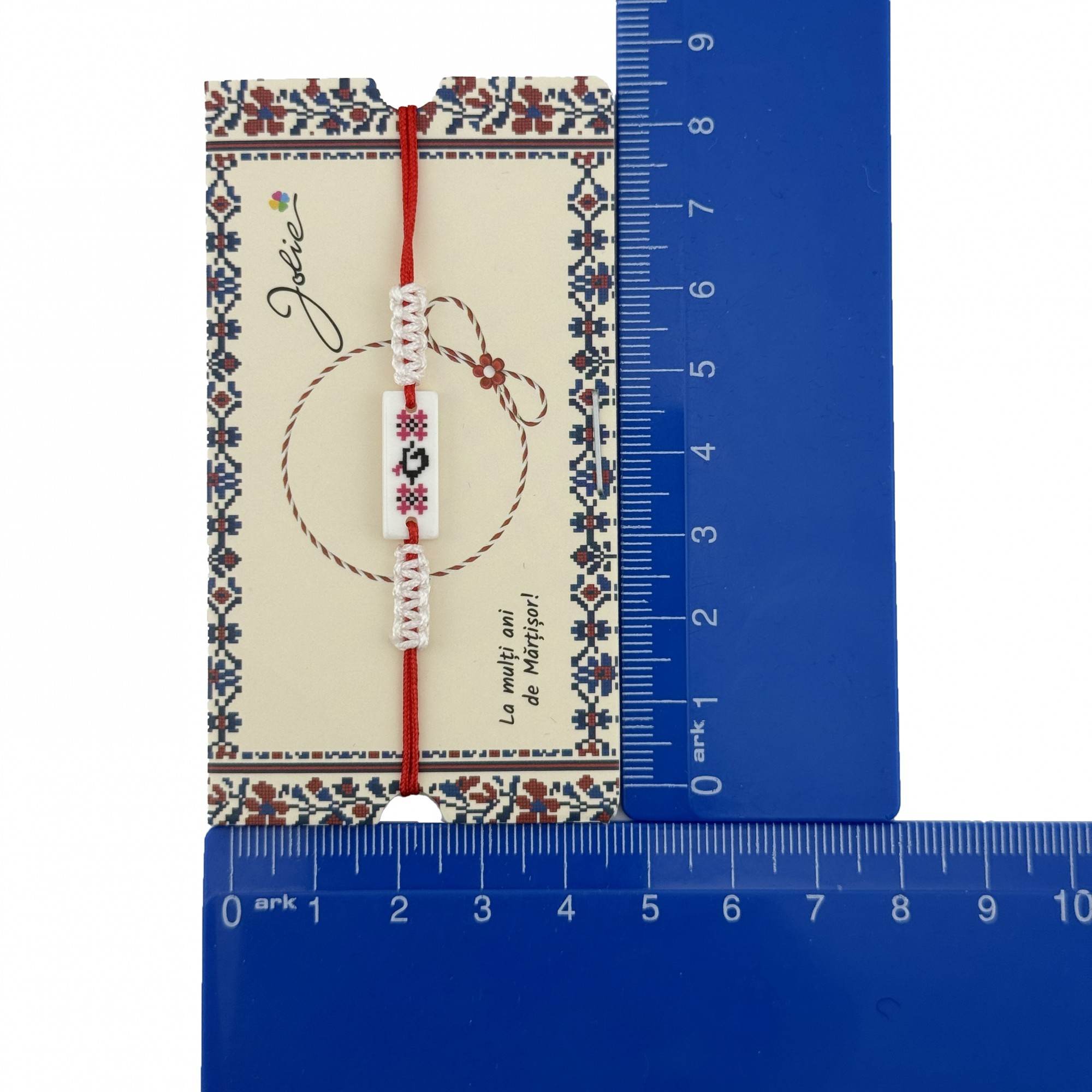 Martisor de Tip Bratara Norocoasa, Jolie, Ornament Central cu Motive Populare, Model Alb, Dimensiune Reglabila, Ambalaj Individual cu Design