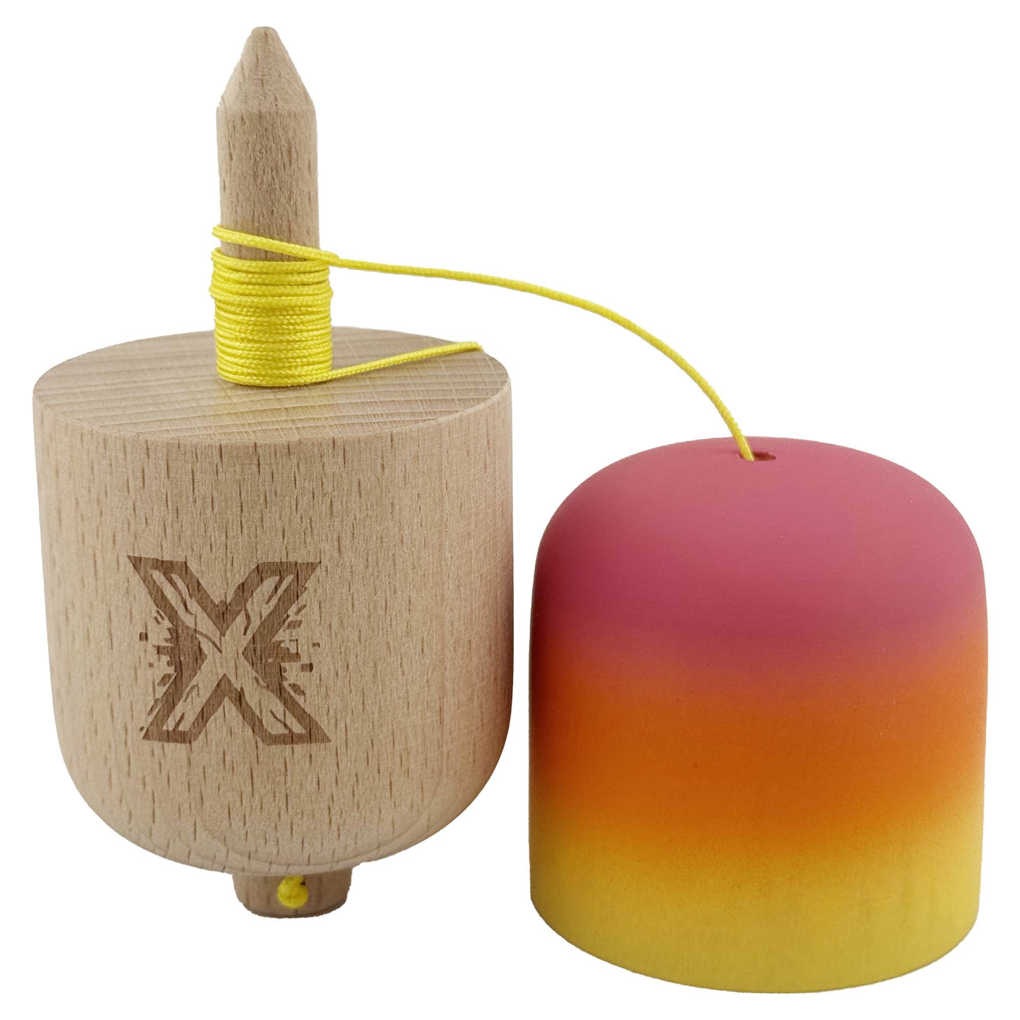 Kendama Pill X Originala, Flippy, Profesionala Model Rubber Grip Pilula, din Lemn, Varsta 9+, Ata 62/65 cm, 11 x 5 x 5 cm, Gradient Roz/Portocaliu/Galben