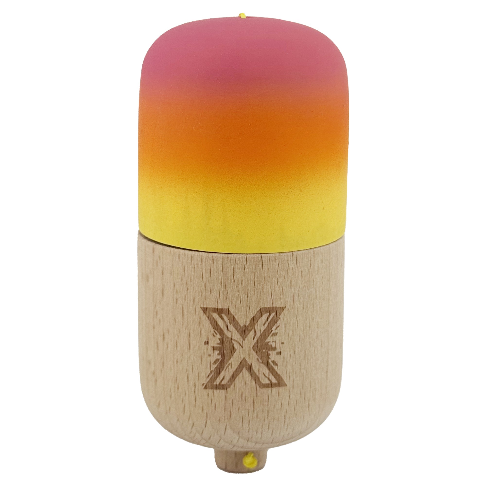 Kendama Pill X Originala, Flippy, Profesionala Model Rubber Grip Pilula, din Lemn, Varsta 9+, Ata 62/65 cm, 11 x 5 x 5 cm, Gradient Roz/Portocaliu/Galben