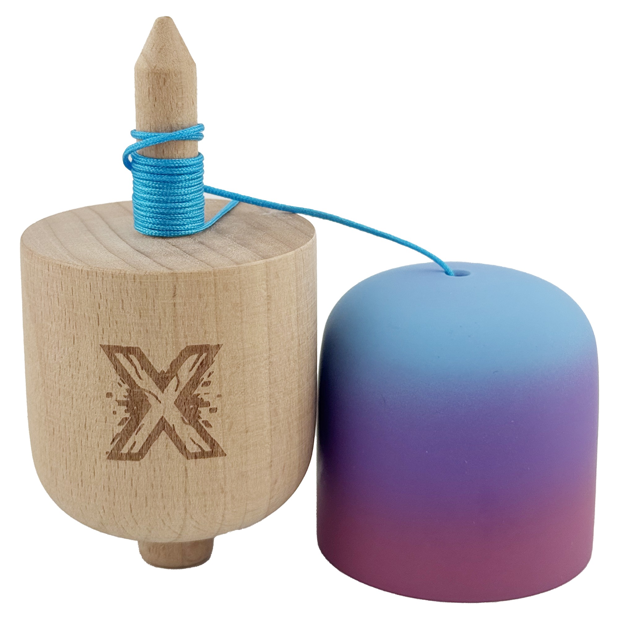 Kendama Pill X Originala, Flippy, Profesionala Model Rubber Grip Pilula, din Lemn, Varsta 9+, Ata 62/65 cm, 11 x 5 x 5 cm, Gradient Albastru deschis/Rosu