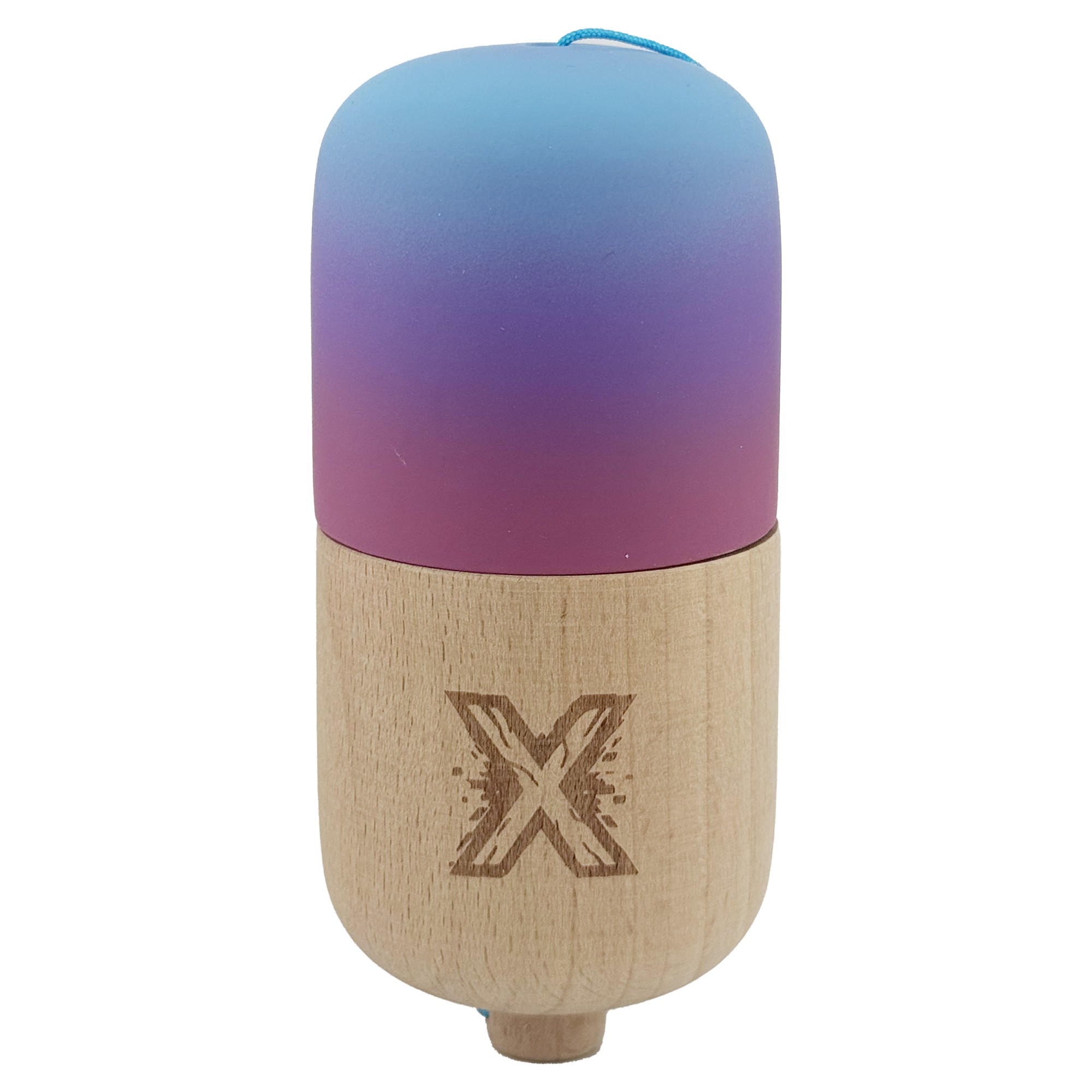 Kendama Pill X Originala, Flippy, Profesionala Model Rubber Grip Pilula, din Lemn, Varsta 9+, Ata 62/65 cm, 11 x 5 x 5 cm, Gradient Albastru deschis/Rosu