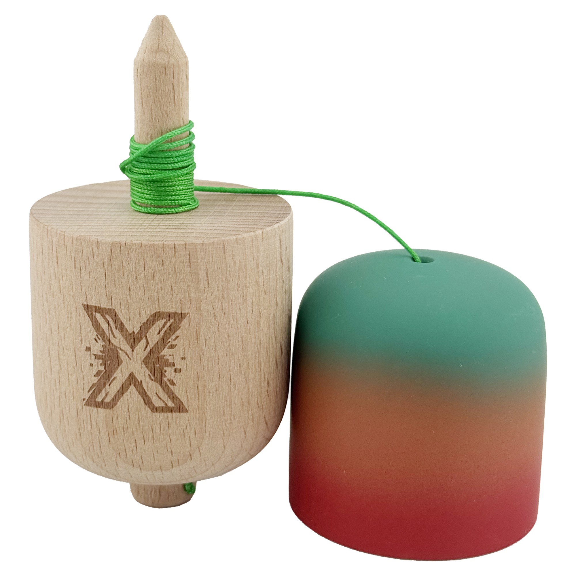 Kendama Pill X Originala, Flippy, Profesionala Model Rubber Grip Pilula, din Lemn, Varsta 9+, Ata 62/65 cm, 11 x 5 x 5 cm, Gradient Verde/Portocaliu/Rosu