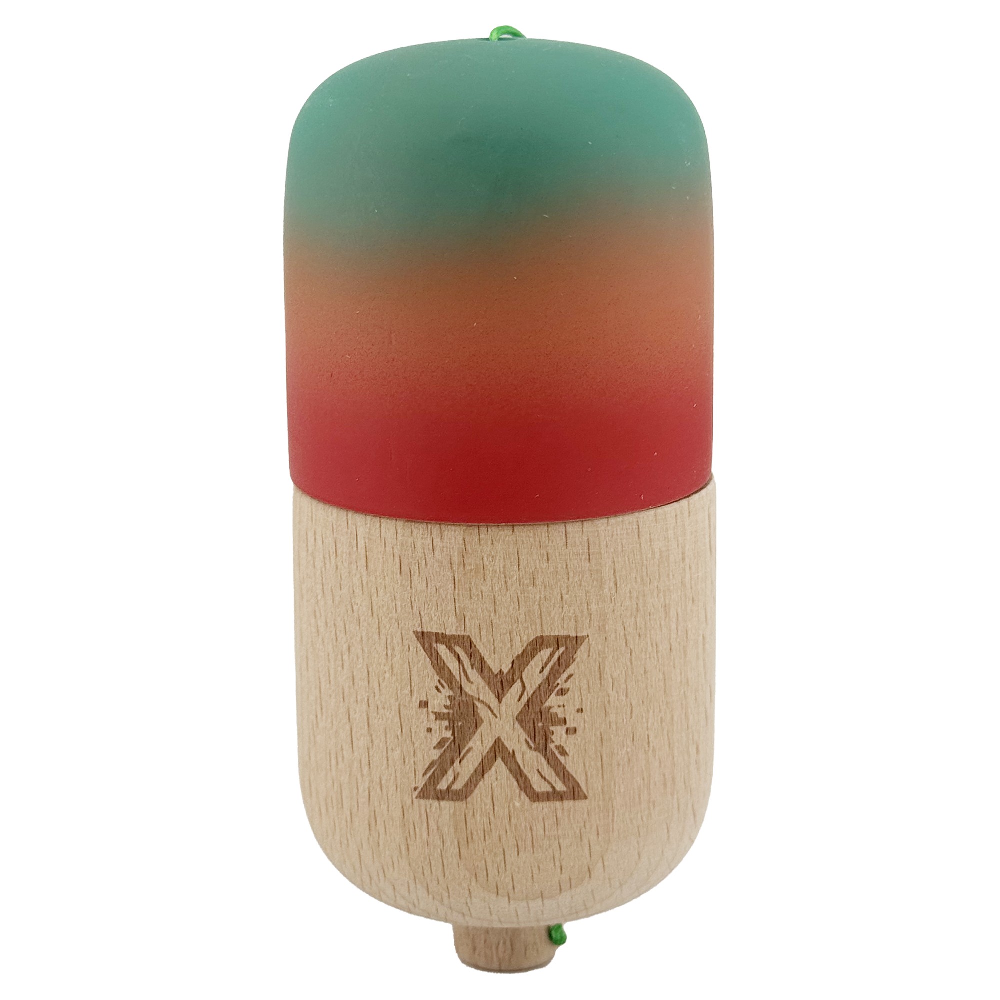 Kendama Pill X Originala, Flippy, Profesionala Model Rubber Grip Pilula, din Lemn, Varsta 9+, Ata 62/65 cm, 11 x 5 x 5 cm, Gradient Verde/Portocaliu/Rosu