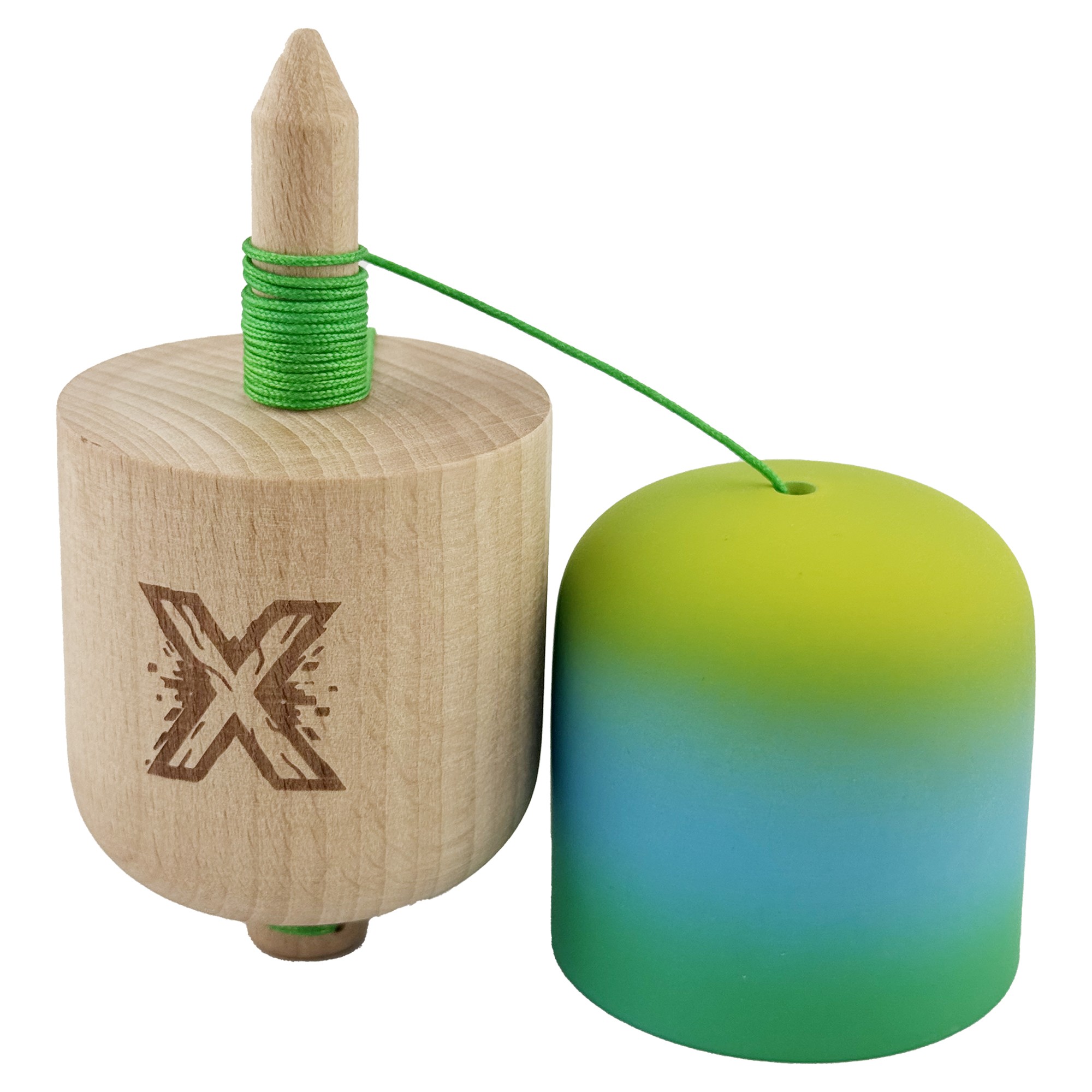 Kendama Pill X Originala, Flippy, Profesionala Model Rubber Grip Pilula, din Lemn, Varsta 9+, Ata 62/65 cm, 11 x 5 x 5 cm, Gradient Galben/Albastru/Verde