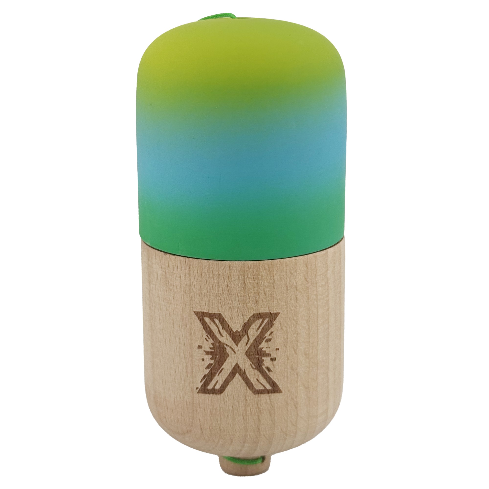 Kendama Pill X Originala, Flippy, Profesionala Model Rubber Grip Pilula, din Lemn, Varsta 9+, Ata 62/65 cm, 11 x 5 x 5 cm, Gradient Galben/Albastru/Verde