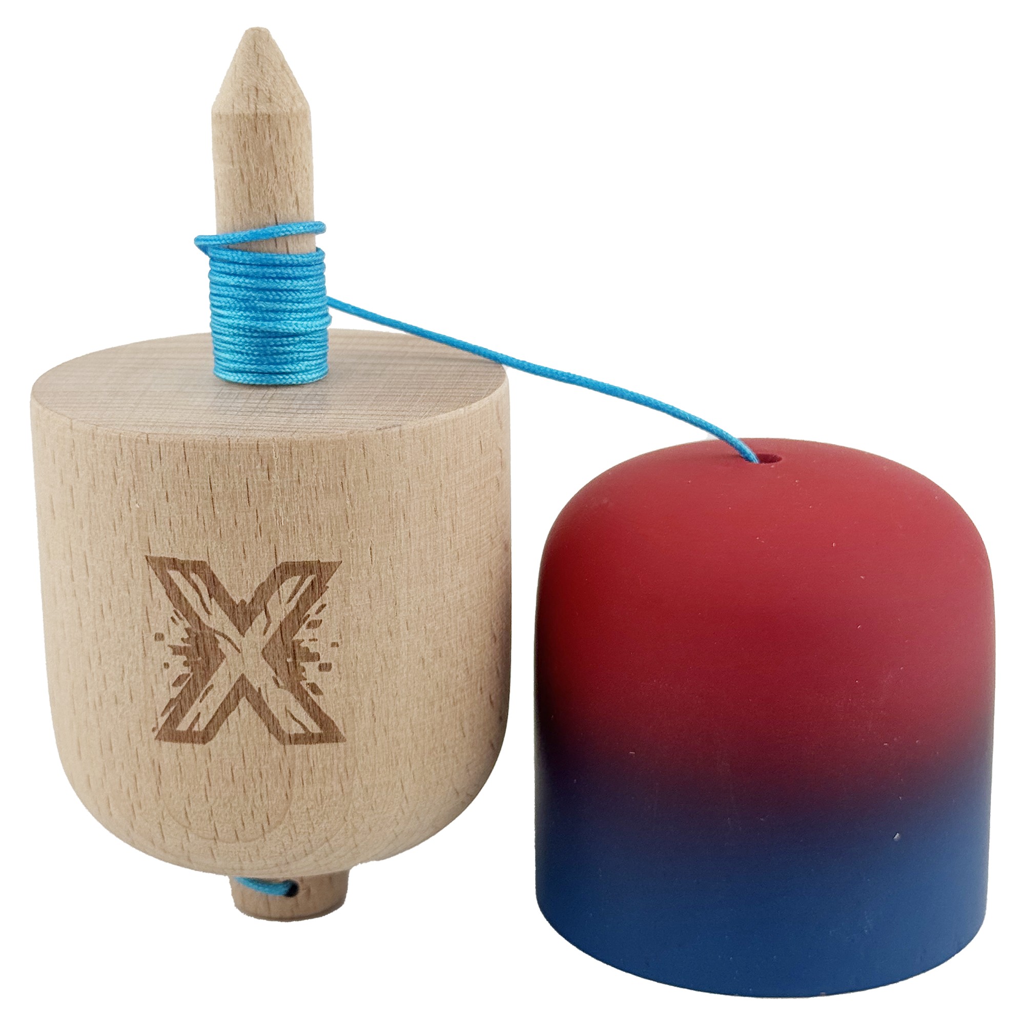 Kendama Pill X Originala, Flippy, Profesionala Model Rubber Grip Pilula, din Lemn, Varsta 9+, Ata 62/65 cm, 11 x 5 x 5 cm, Gradient Rosu/Albastru