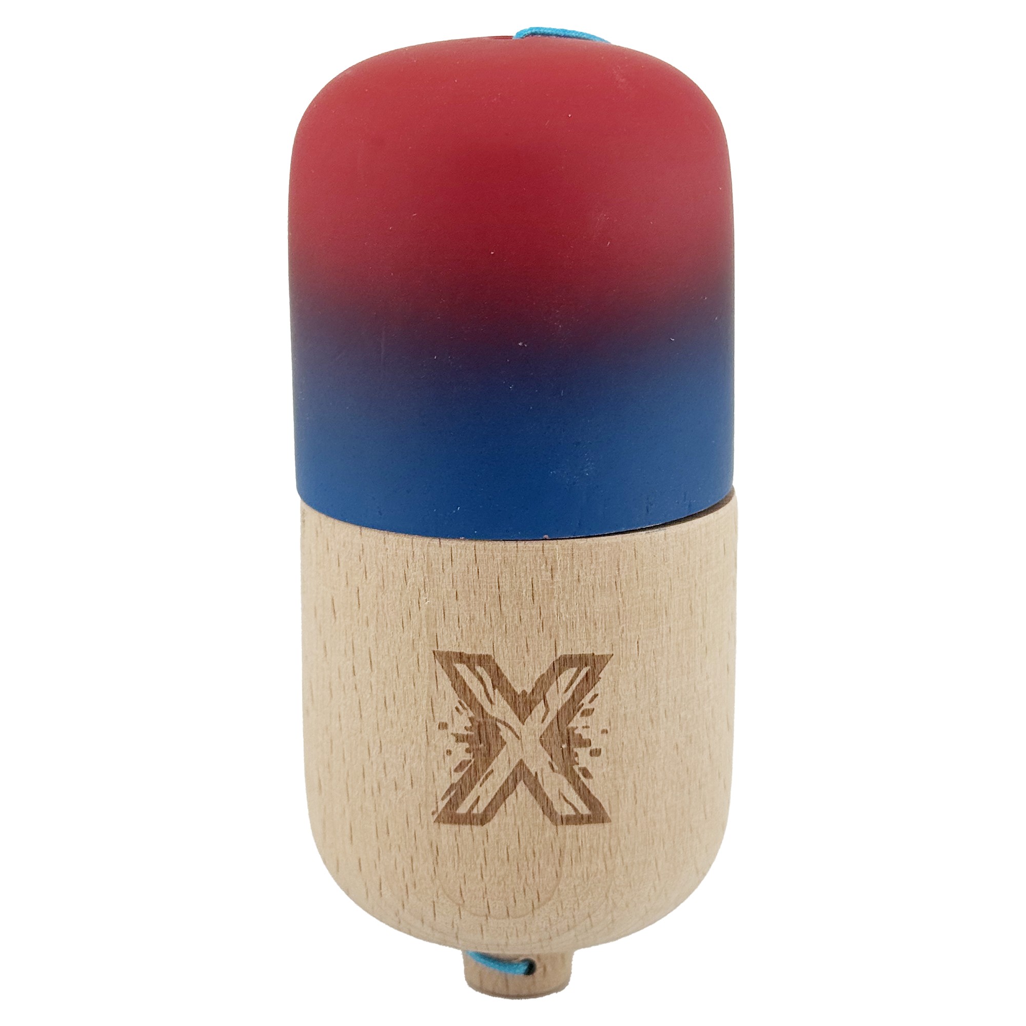 Kendama Pill X Originala, Flippy, Profesionala Model Rubber Grip Pilula, din Lemn, Varsta 9+, Ata 62/65 cm, 11 x 5 x 5 cm, Gradient Rosu/Albastru