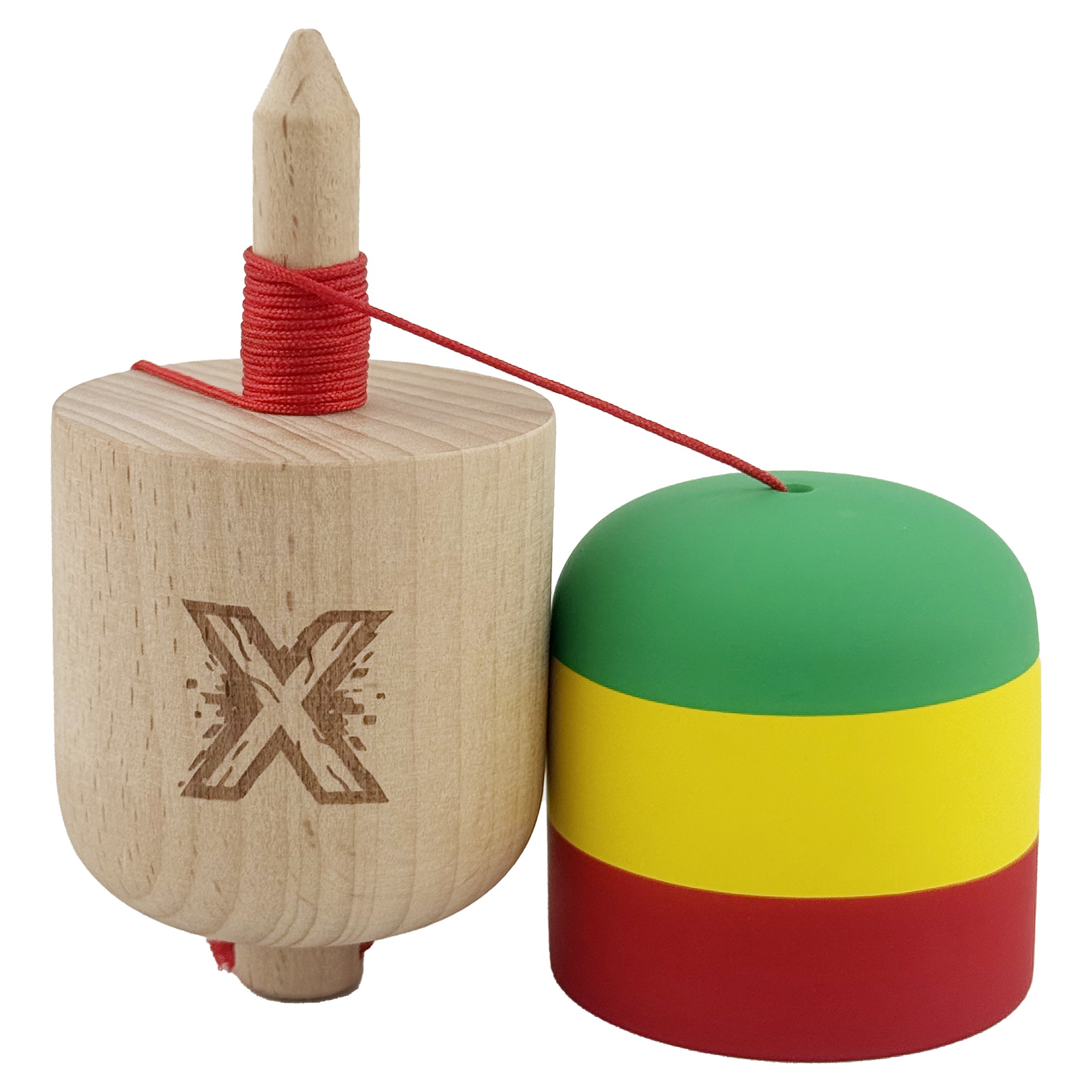 Kendama Pill X Originala, Flippy, Profesionala Model Rubber Grip Pilula, din Lemn, Varsta 9+, Ata 62/65 cm, 11 x 5 x 5 cm, Verde/Galben/Rosu