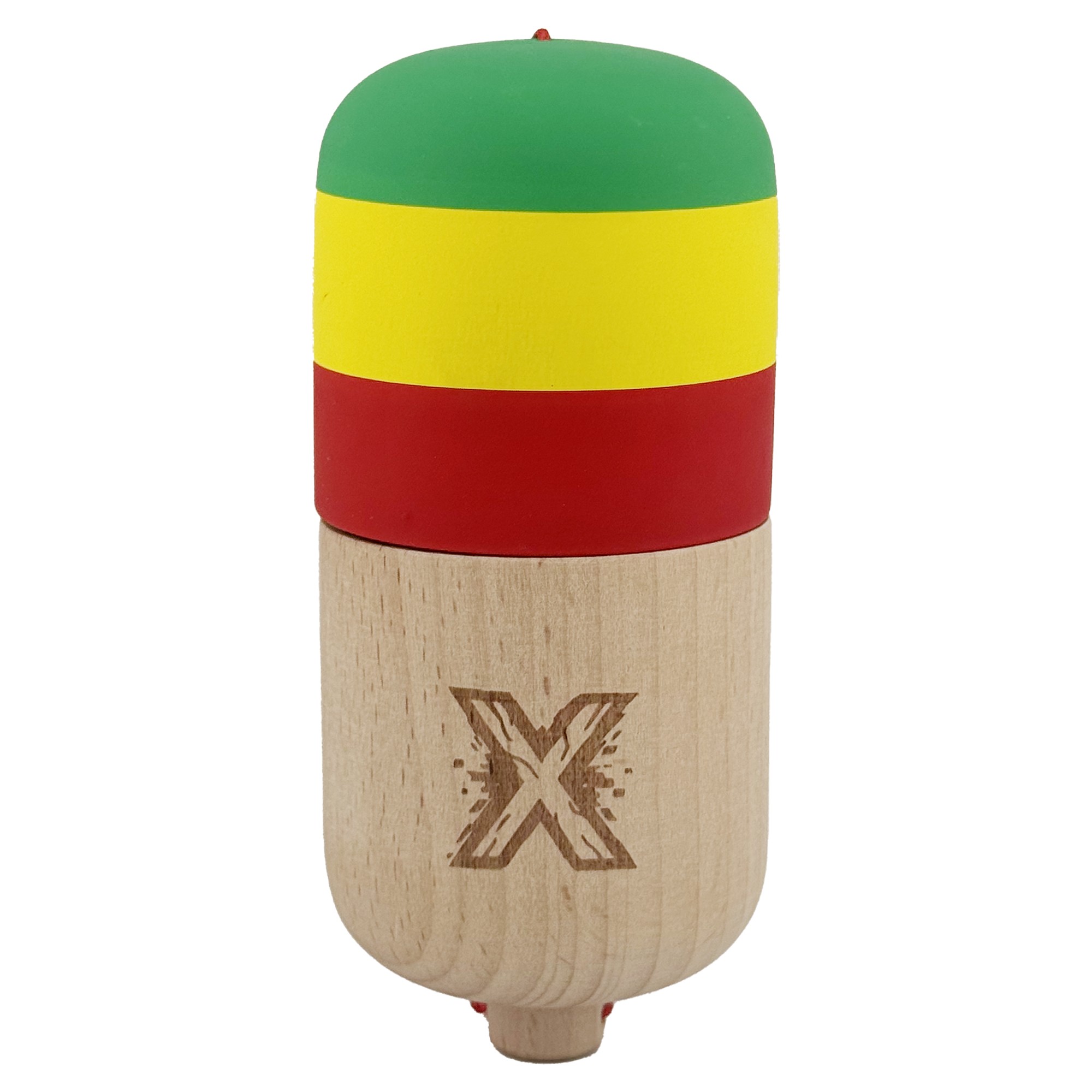 Kendama Pill X Originala, Flippy, Profesionala Model Rubber Grip Pilula, din Lemn, Varsta 9+, Ata 62/65 cm, 11 x 5 x 5 cm, Verde/Galben/Rosu