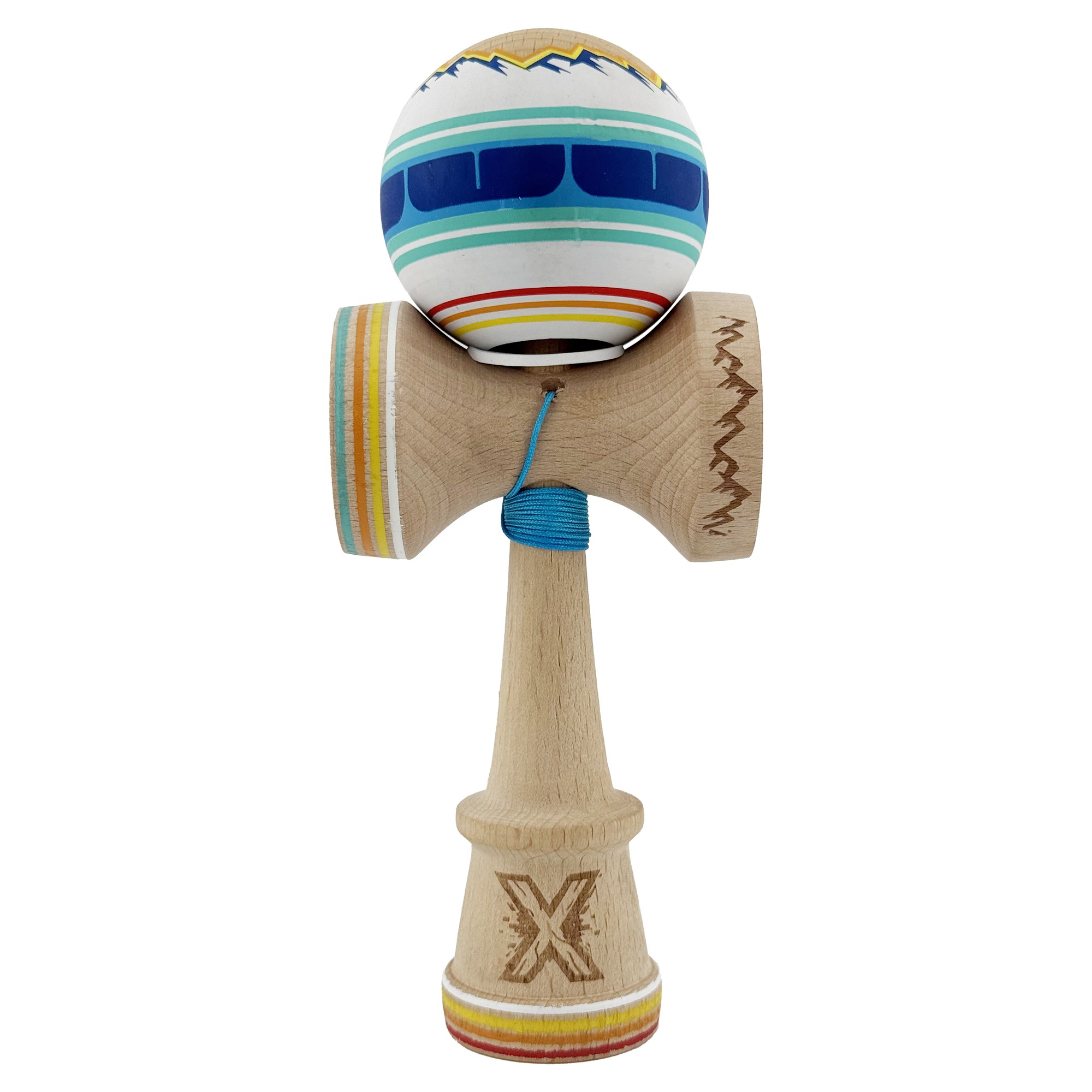 Kendama X Originala, Profesionala, Flippy, MOUNTAINS, Model Anti Skid cu Cupe Mari KING SIZE V3, Gaura in Baza, Rulment Metalic, din lemn 18 cm, Ata 62/65 cm, Albastru Multicolor