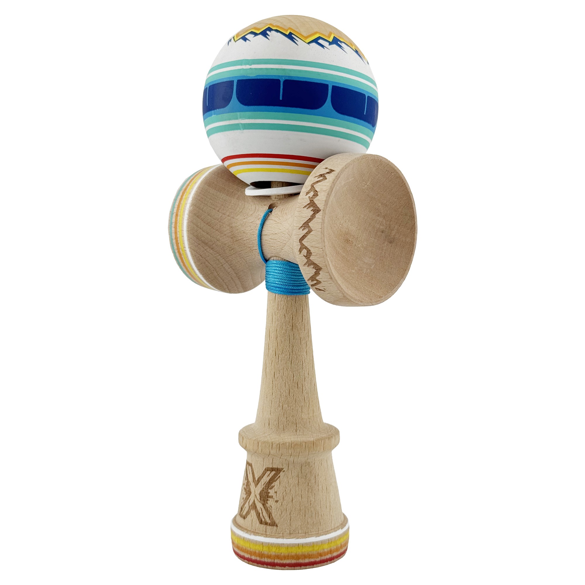 Kendama X Originala, Profesionala, Flippy, MOUNTAINS, Model Anti Skid cu Cupe Mari KING SIZE V3, Gaura in Baza, Rulment Metalic, din lemn 18 cm, Ata 62/65 cm, Albastru Multicolor