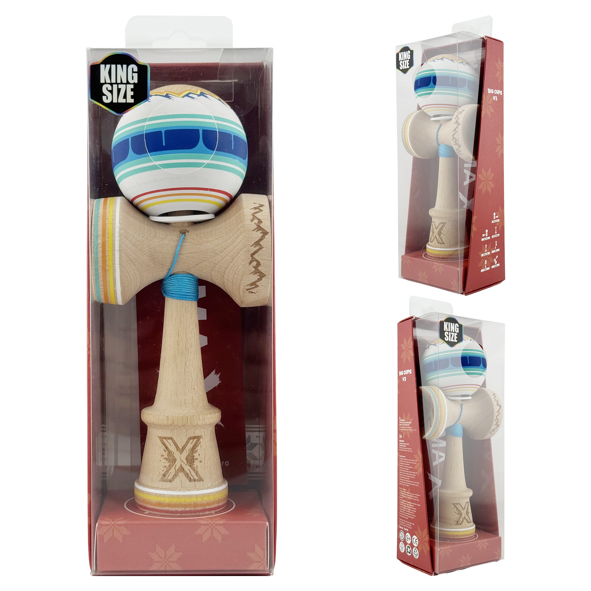 Kendama X Originala, Profesionala, Flippy, MOUNTAINS, Model Anti Skid cu Cupe Mari KING SIZE V3, Gaura in Baza, Rulment Metalic, din lemn 18 cm, Ata 62/65 cm, Albastru Multicolor
