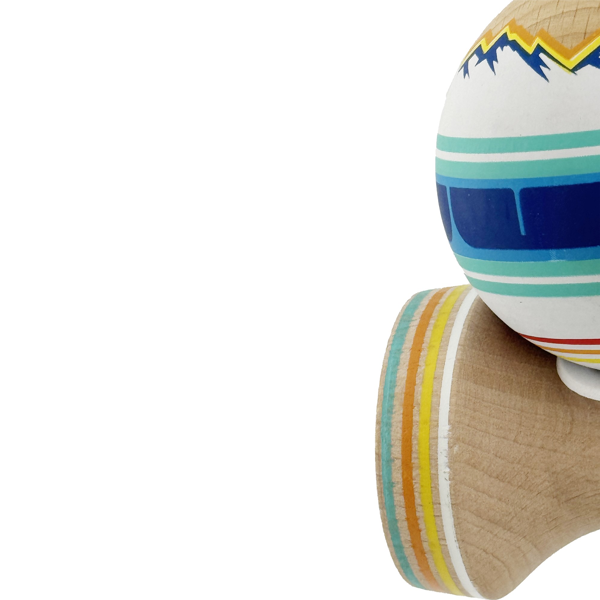 Kendama X Originala, Profesionala, Flippy, MOUNTAINS, Model Anti Skid cu Cupe Mari KING SIZE V3, Gaura in Baza, Rulment Metalic, din lemn 18 cm, Ata 62/65 cm, Albastru Multicolor