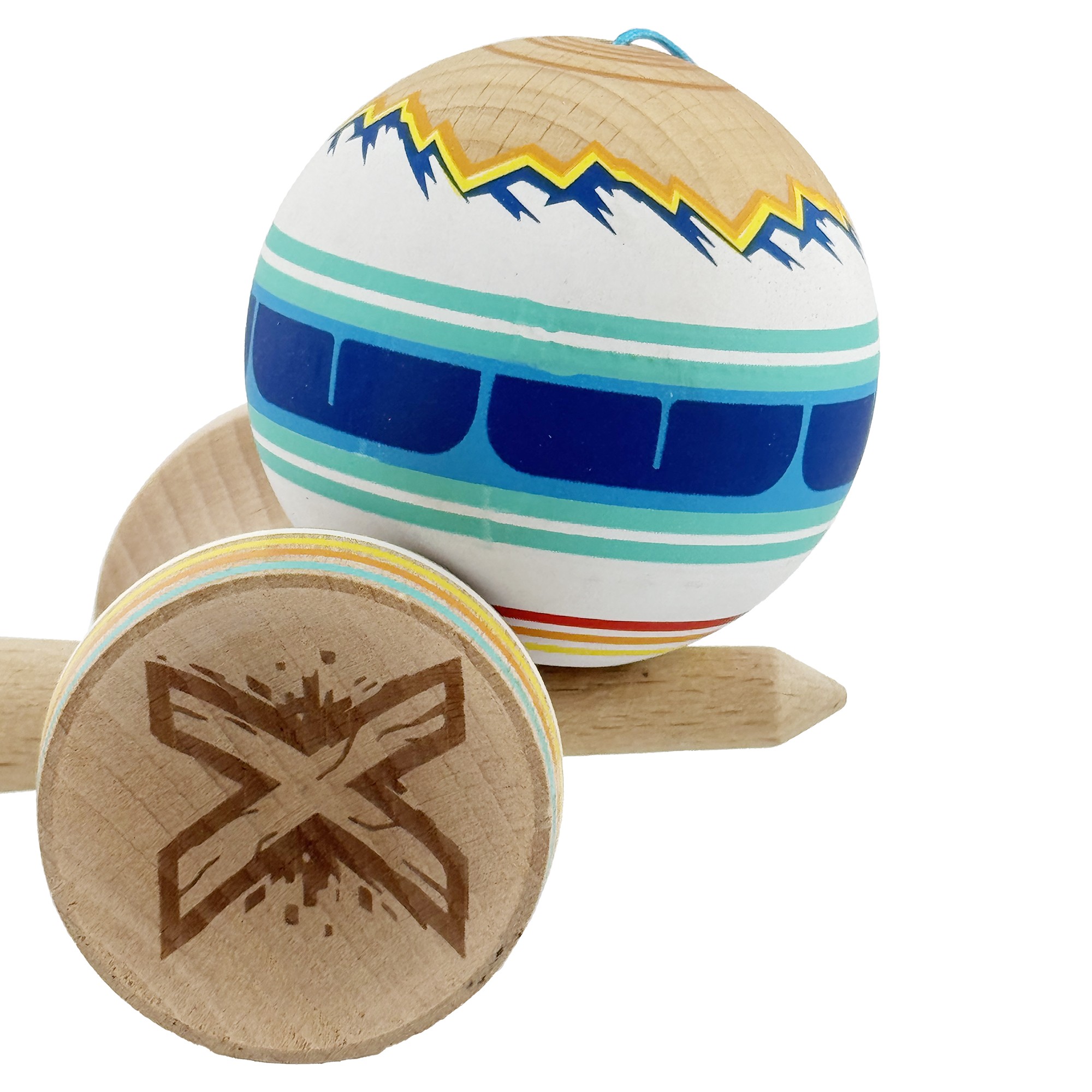 Kendama X Originala, Profesionala, Flippy, MOUNTAINS, Model Anti Skid cu Cupe Mari KING SIZE V3, Gaura in Baza, Rulment Metalic, din lemn 18 cm, Ata 62/65 cm, Albastru Multicolor