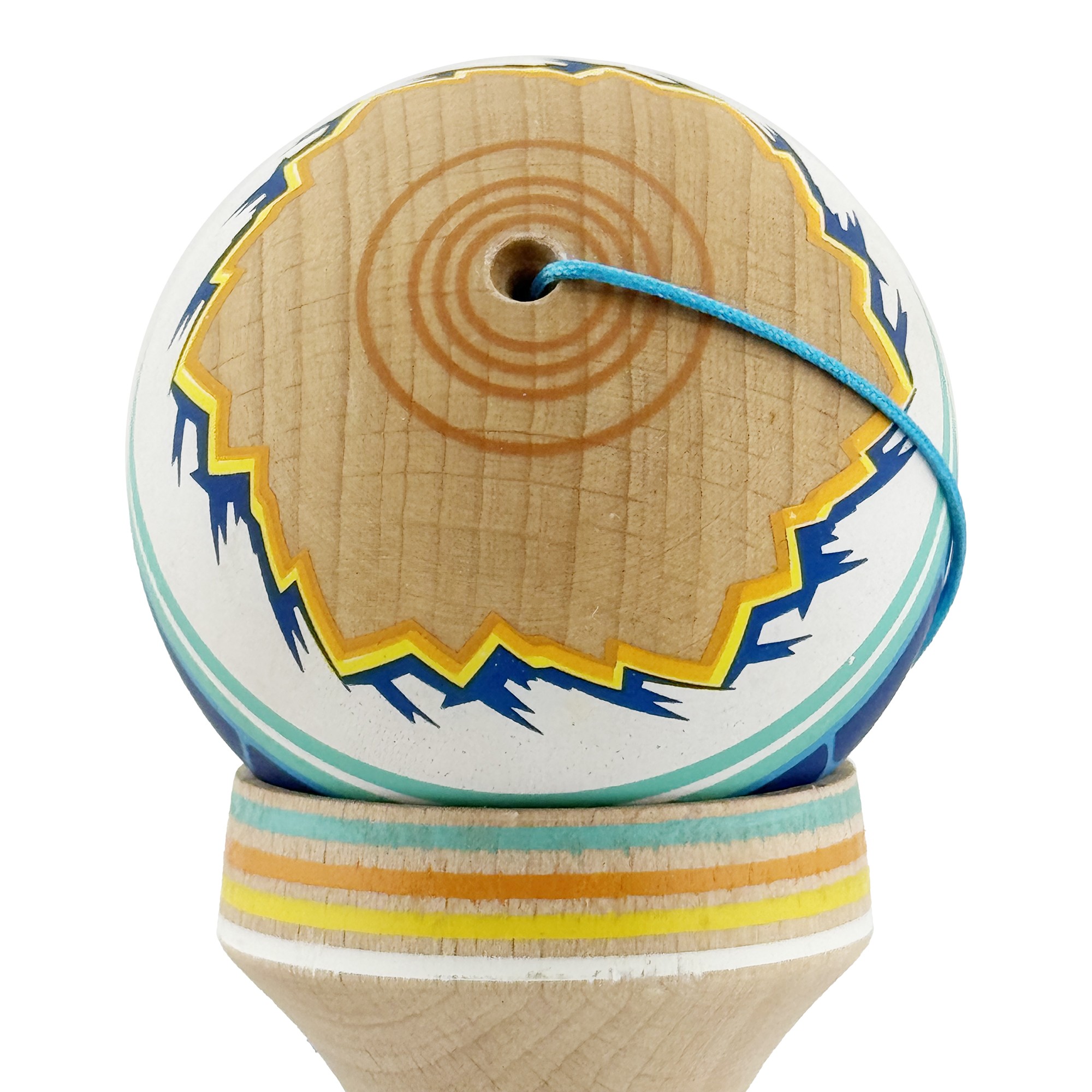 Kendama X Originala, Profesionala, Flippy, MOUNTAINS, Model Anti Skid cu Cupe Mari KING SIZE V3, Gaura in Baza, Rulment Metalic, din lemn 18 cm, Ata 62/65 cm, Albastru Multicolor