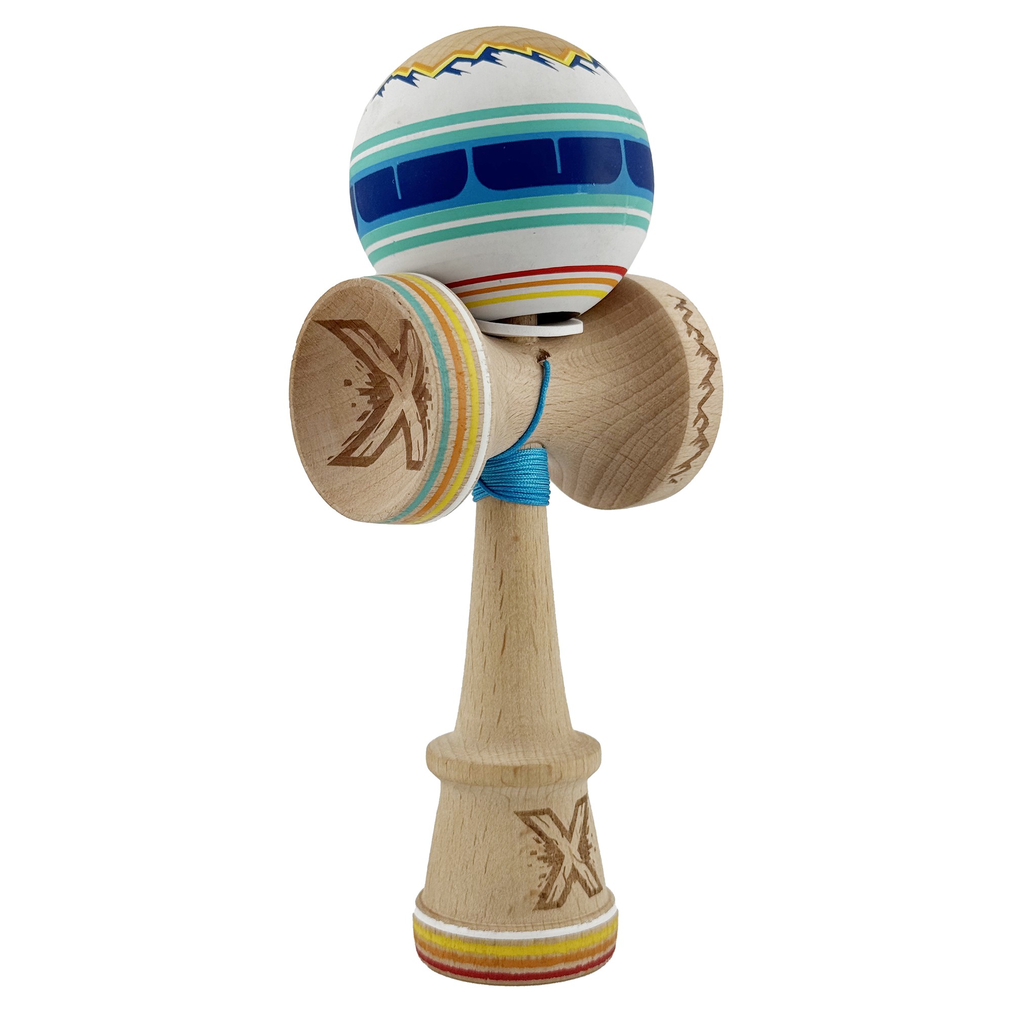 Kendama X Originala, Profesionala, Flippy, MOUNTAINS, Model Anti Skid cu Cupe Mari KING SIZE V3, Gaura in Baza, Rulment Metalic, din lemn 18 cm, Ata 62/65 cm, Albastru Multicolor