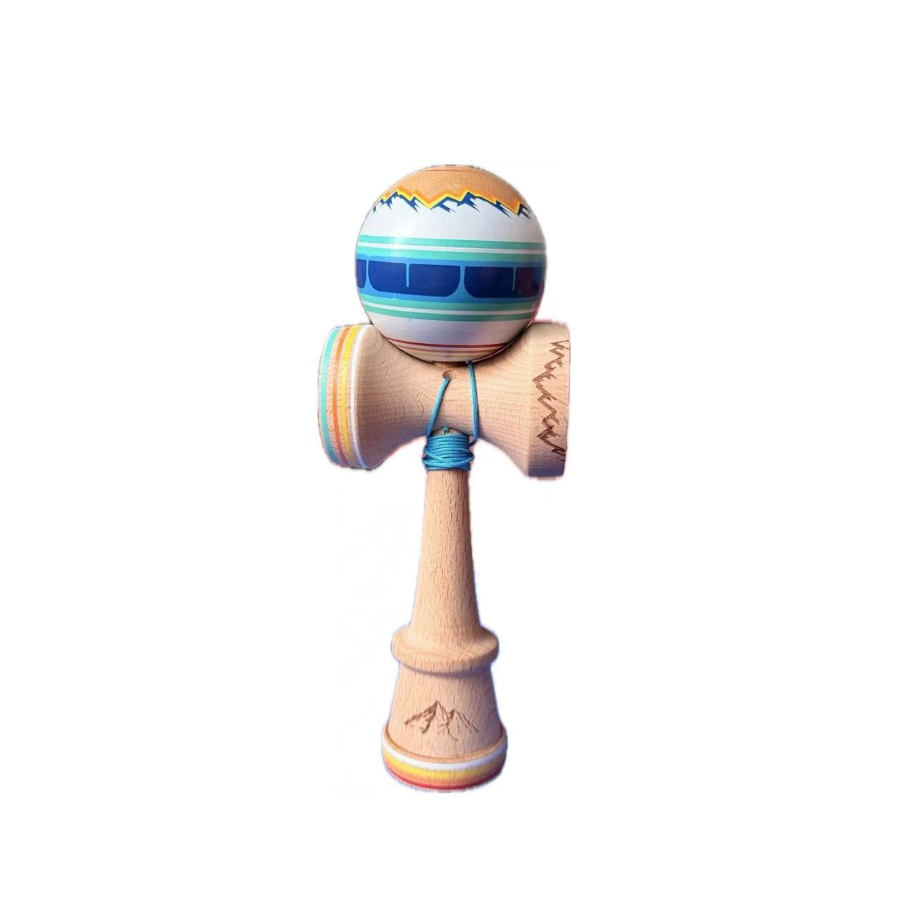 Kendama X Originala, Profesionala, Flippy, MOUNTAINS, Super Sticky cu Cupe Mari KING SIZE V3, Gaura in Baza, Rulment Metalic, din lemn 18 cm, Ata 62/65 cm, Albastru/Alb