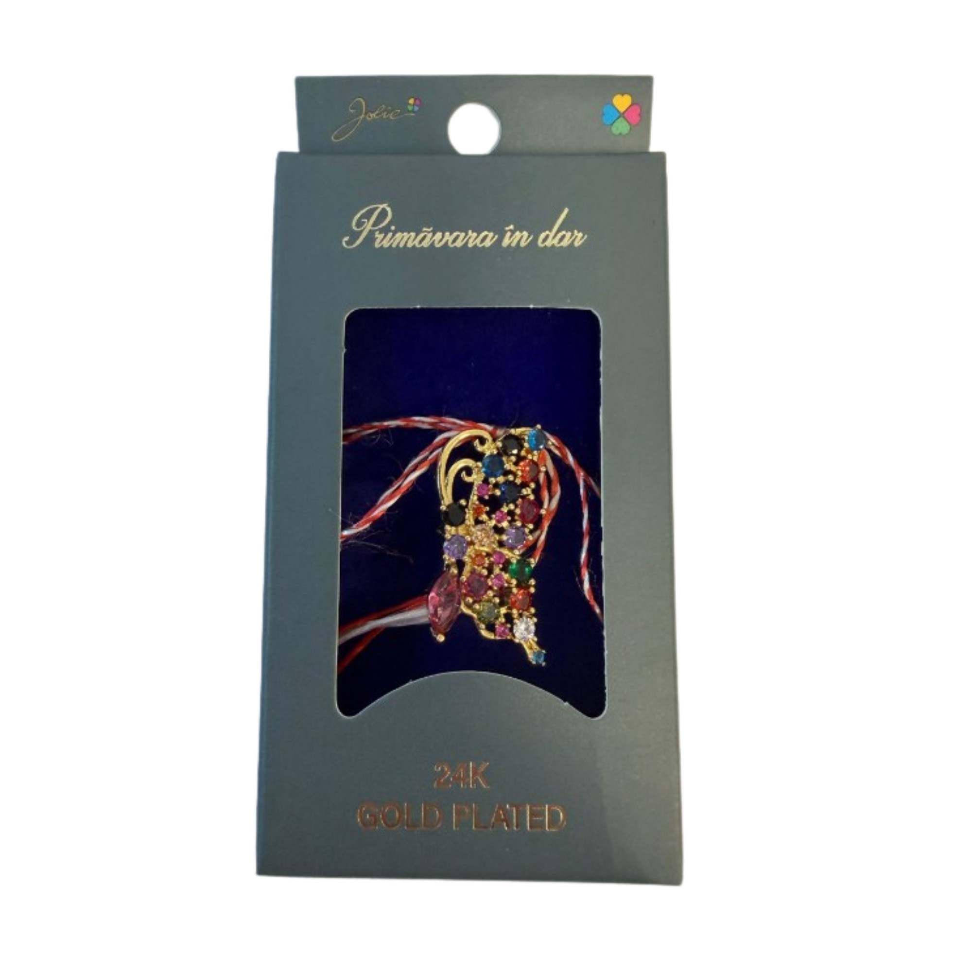 Martisor cu Brosa Placata cu Aur 24K, Jolie, Ambalaj Carton cu Design, Material Metal, Dimensiune Brosa 2.5-3cm, Multicolor