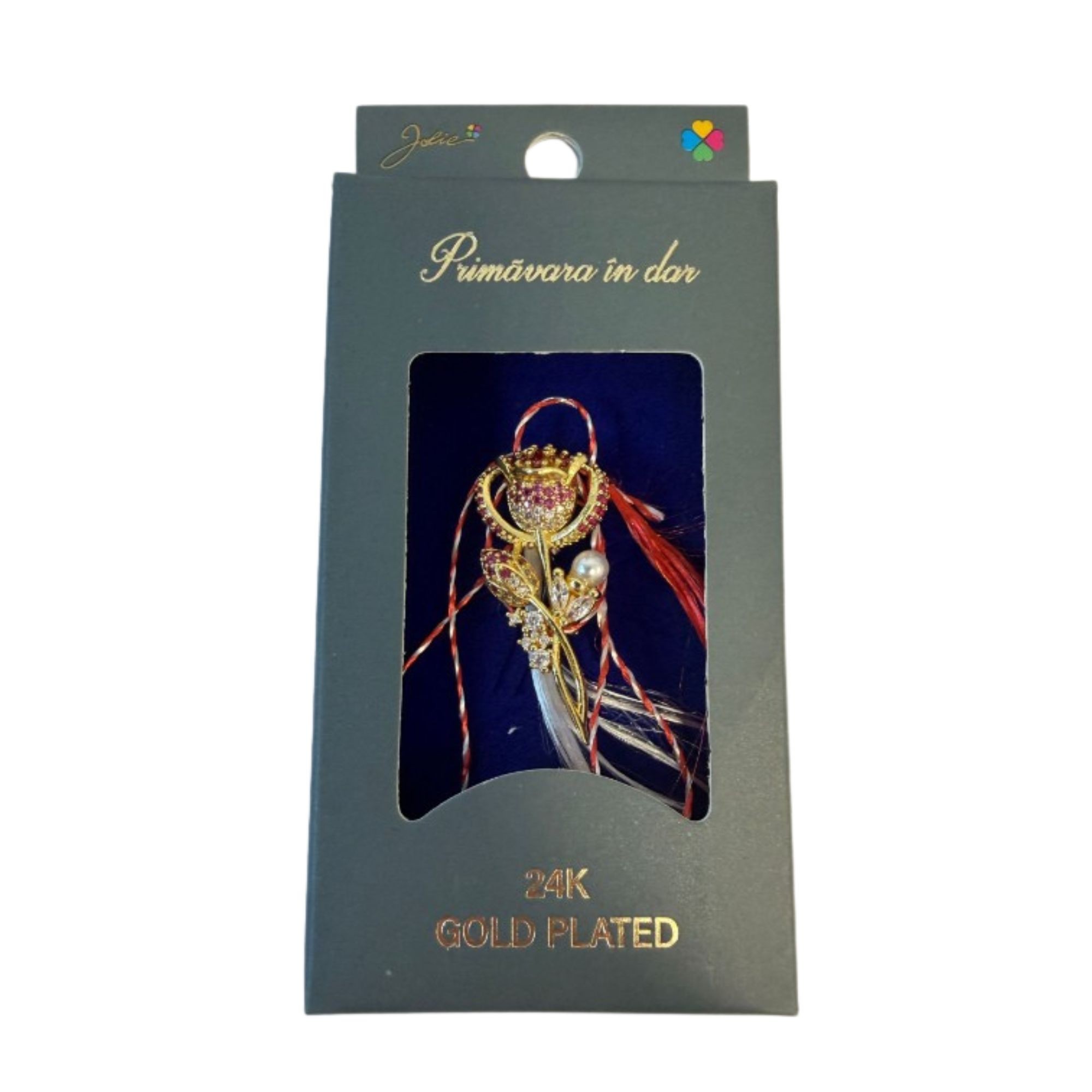 Martisor cu Brosa Placata cu Aur 24K, Jolie, Ambalaj Carton cu Design, Material Metal, Model Floare, Dimensiune Brosa 2.5-3cm, Auriu/Roz