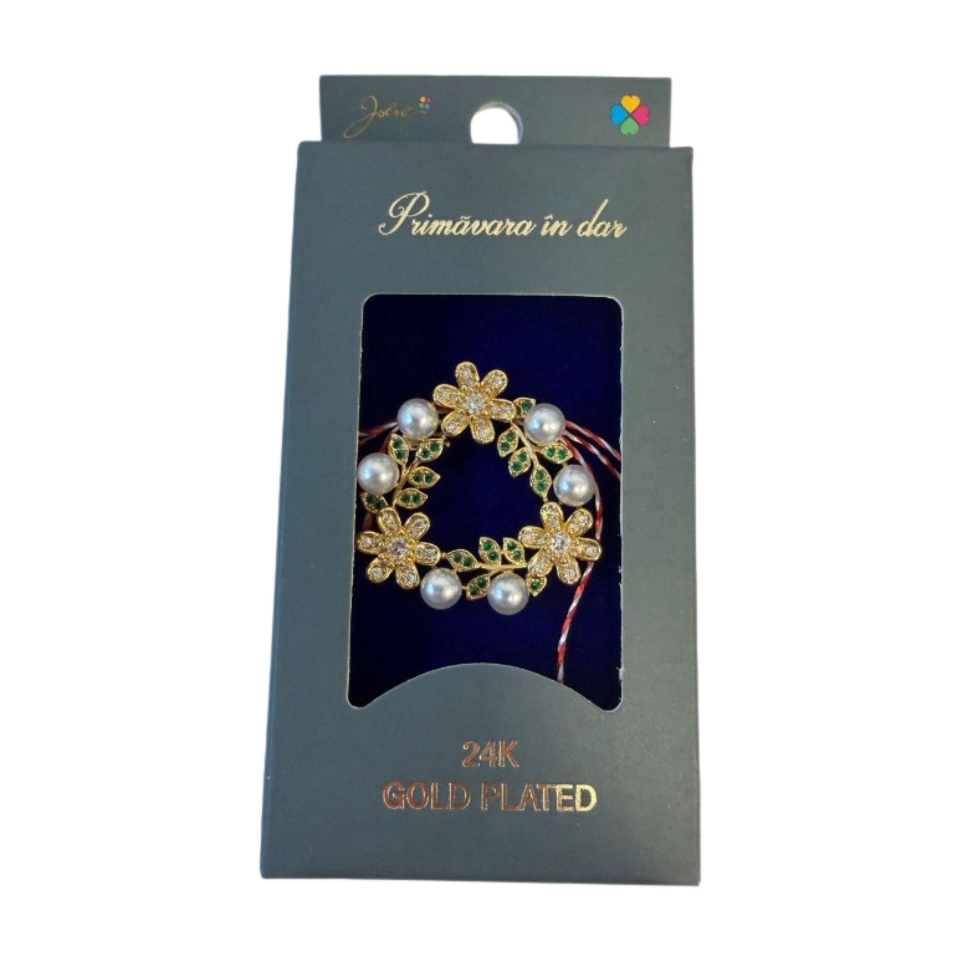 Martisor cu Brosa Placata cu Aur 24K, Jolie, Ambalaj Carton cu Design, Material Metal, Dimensiune Brosa 2.5-3cm, Auriu/Verde