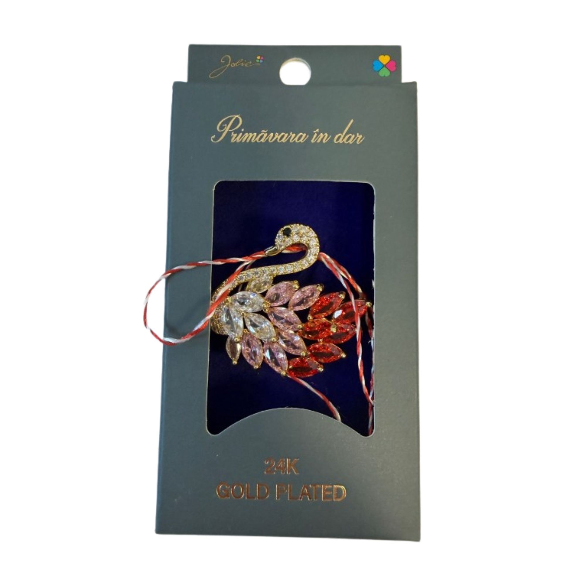 Martisor cu Brosa Placata cu Aur 24K, Jolie, Ambalaj Carton cu Design, Material Metal, Model Lebada, Dimensiune Brosa 2.5-3cm, Auriu/Rosu