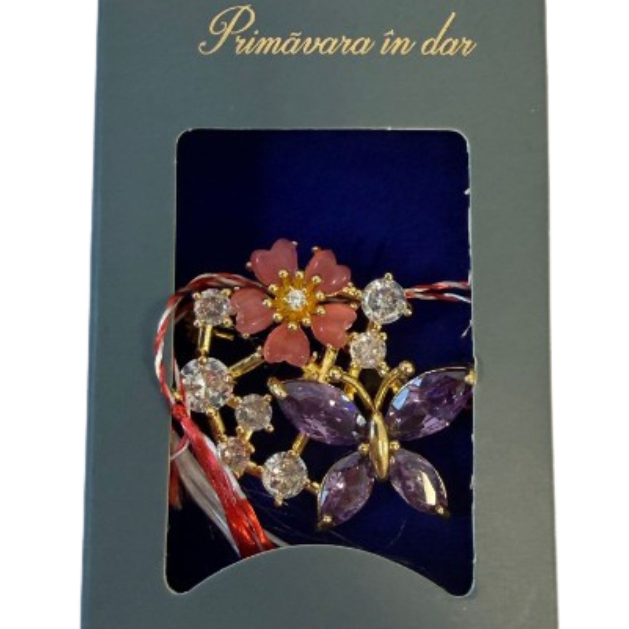 Martisor cu Brosa Placata cu Aur 24K, Jolie, Ambalaj Carton cu Design, Material Metal, Model Fluture, Dimensiune Brosa 2.5-3cm, Auriu/Mov