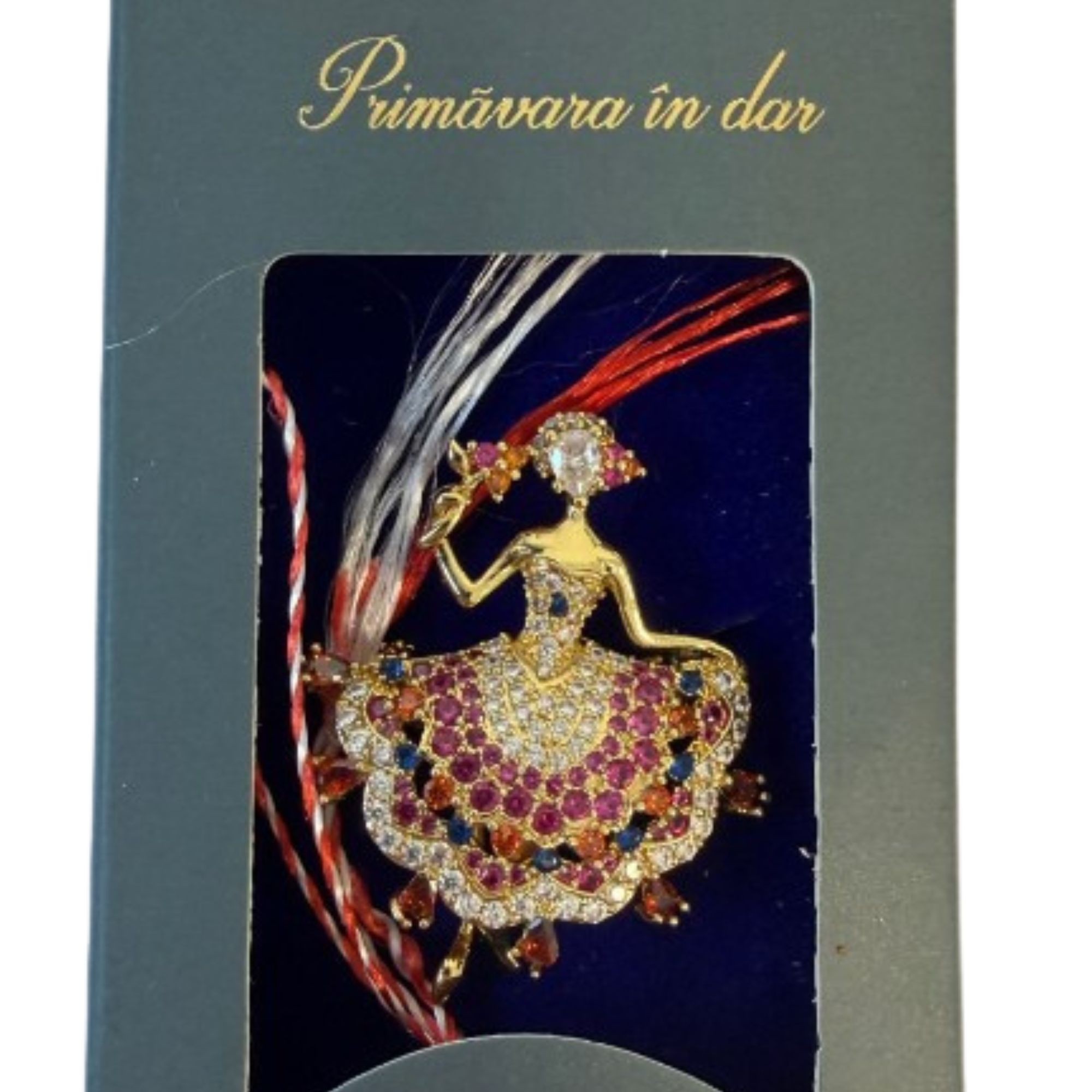 Martisor cu Brosa Placata cu Aur 24K, Jolie, Ambalaj Carton cu Design, Material Metal, Model Balerina, Dimensiune Brosa 2.5-3cm, Auriu/Roz