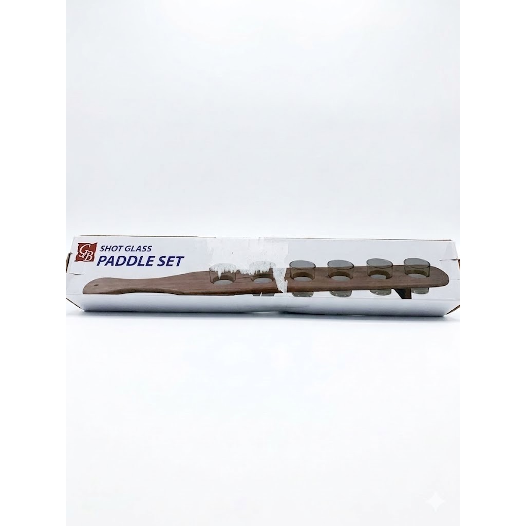 RESIGILAT - Set 6 Pahare Shot din Sticla Flippy, cu Suport din Lemn, Design Rustic, 49.5 x 7 x 6.5 cm, Maro