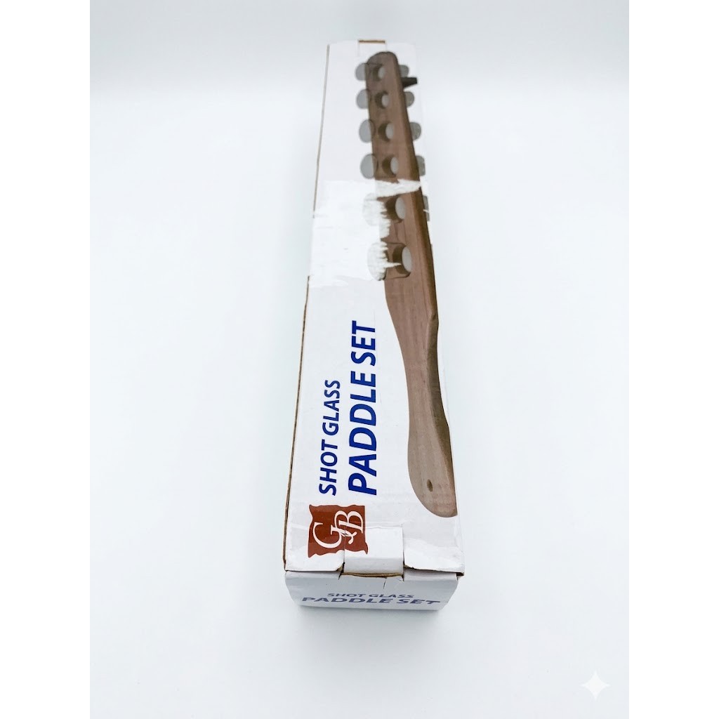 RESIGILAT - Set 6 Pahare Shot din Sticla Flippy, cu Suport din Lemn, Design Rustic, 49.5 x 7 x 6.5 cm, Maro