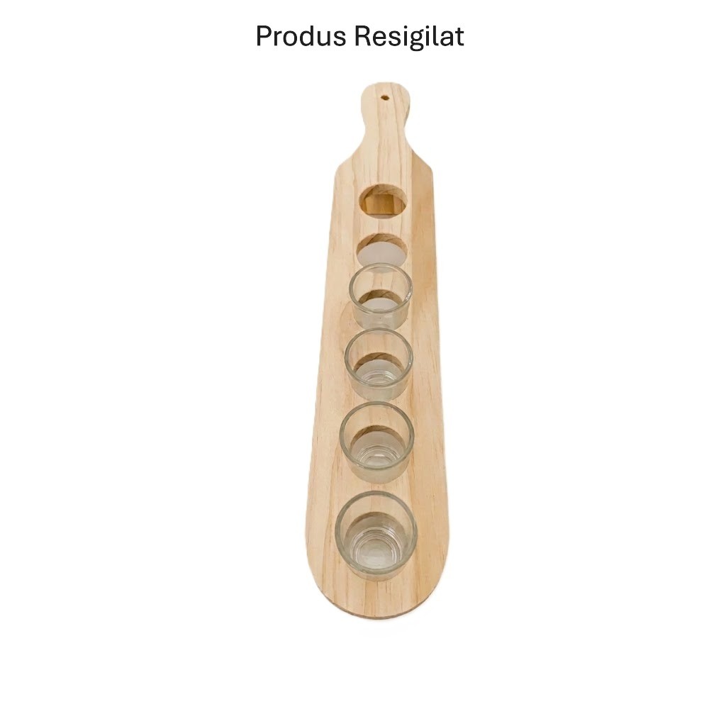 RESIGILAT - Set 6 Pahare Shot din Sticla Flippy, cu Suport din Lemn, Design Rustic, 49.5 x 7 x 6.5 cm, Maro