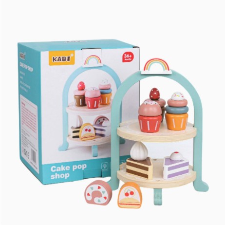 Jucarie Educativa Montessori din Lemn, , Set de Joaca Interactiv, Model Royal Afternoon Tea cu Etajera 2 Niveluri si Prajituri, Dezvolta Motricitatea si Imaginatia, 3ani+, Multicolor 2
