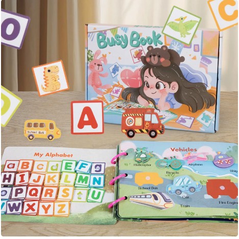 Carte Educationala Montessori, , Joc Educational Busy Book, Carte Senzoriala cu 12 Teme de Invatare, Dezvolta Motricitatea Fina si Logica, Alfabet, Cifre, Jucarie de Calatorie, 3ani+, Multicolor 2