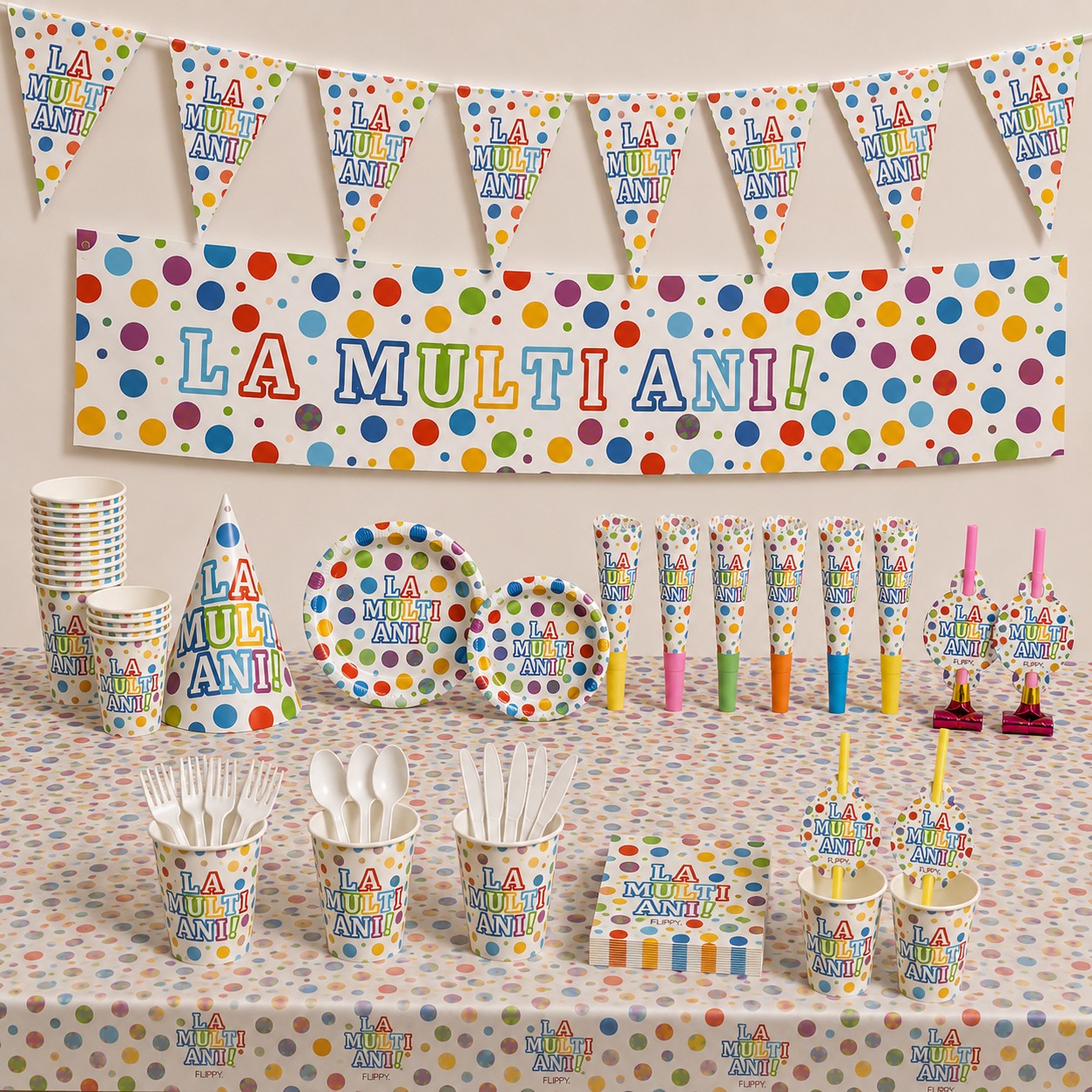Set de Petrecere, Model La Multi Ani, Alb-Multicolor