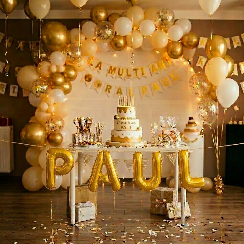 Baloane Folie Metalizate, , Set PAUL, Heliu sau Aer, Pai inclus, 40 cm, Auriu
