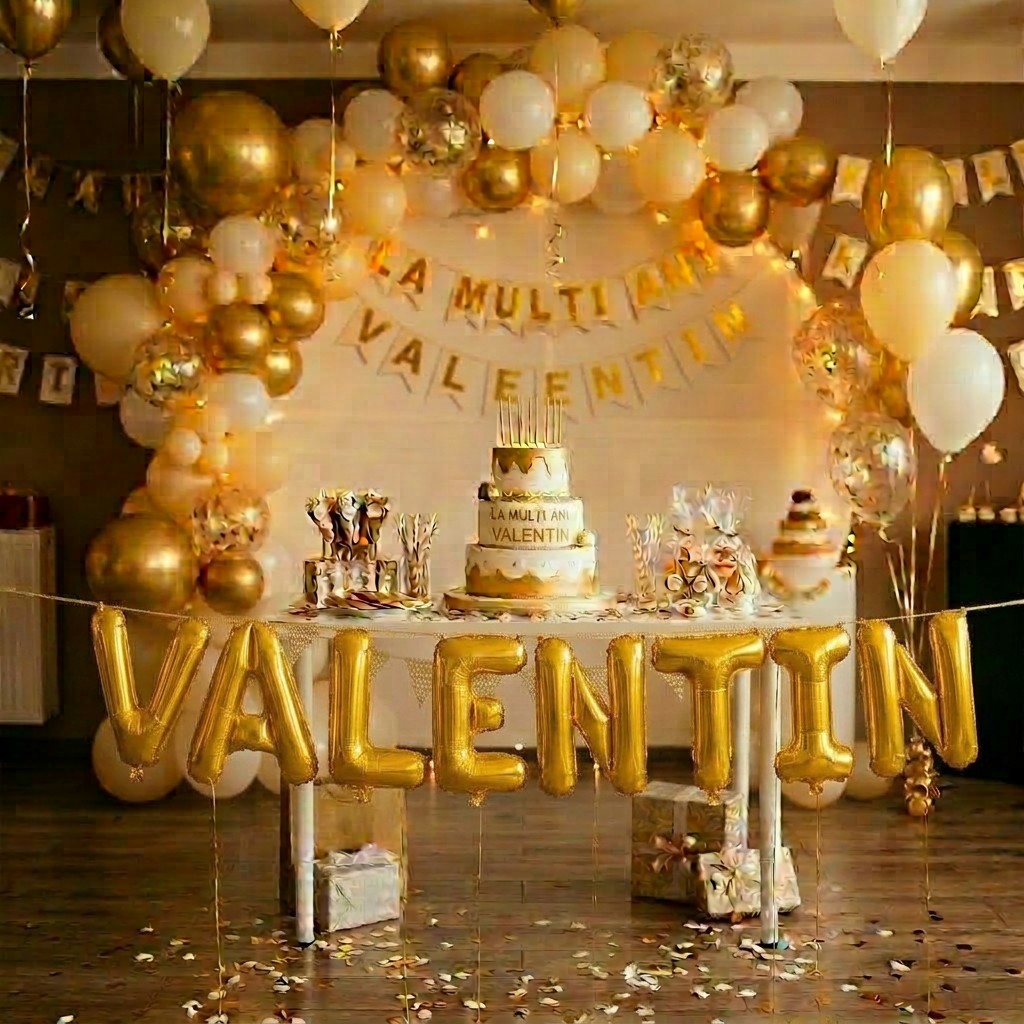 Baloane Folie Metalizate, , Set VALENTIN, Heliu sau Aer, Pai inclus, 40 cm, Auriu
