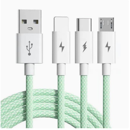 Cablu USB 3 in 1, , 100W, Compatibil Android si iPhone, Incarcare si Transfer Date, Textil Impletit, Verde