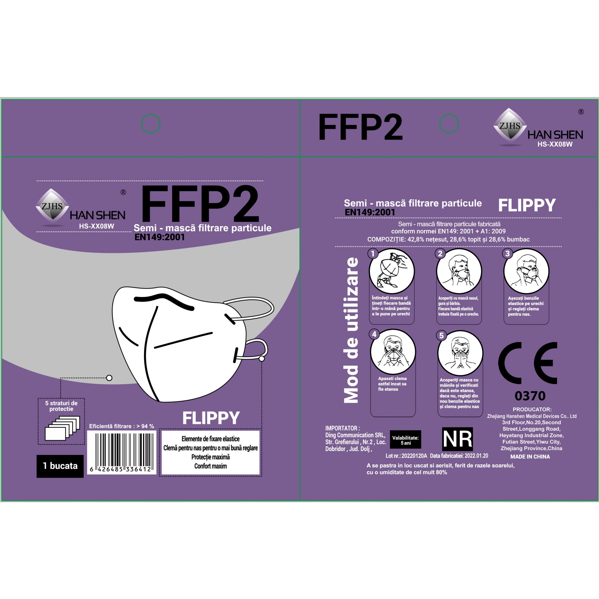 Set 5 bucati Masca de protectie faciala, Flippy®️, de unica folosinta, FFP2 CE 2163, 5 straturi, nesterila, ambalaj individual, Alb