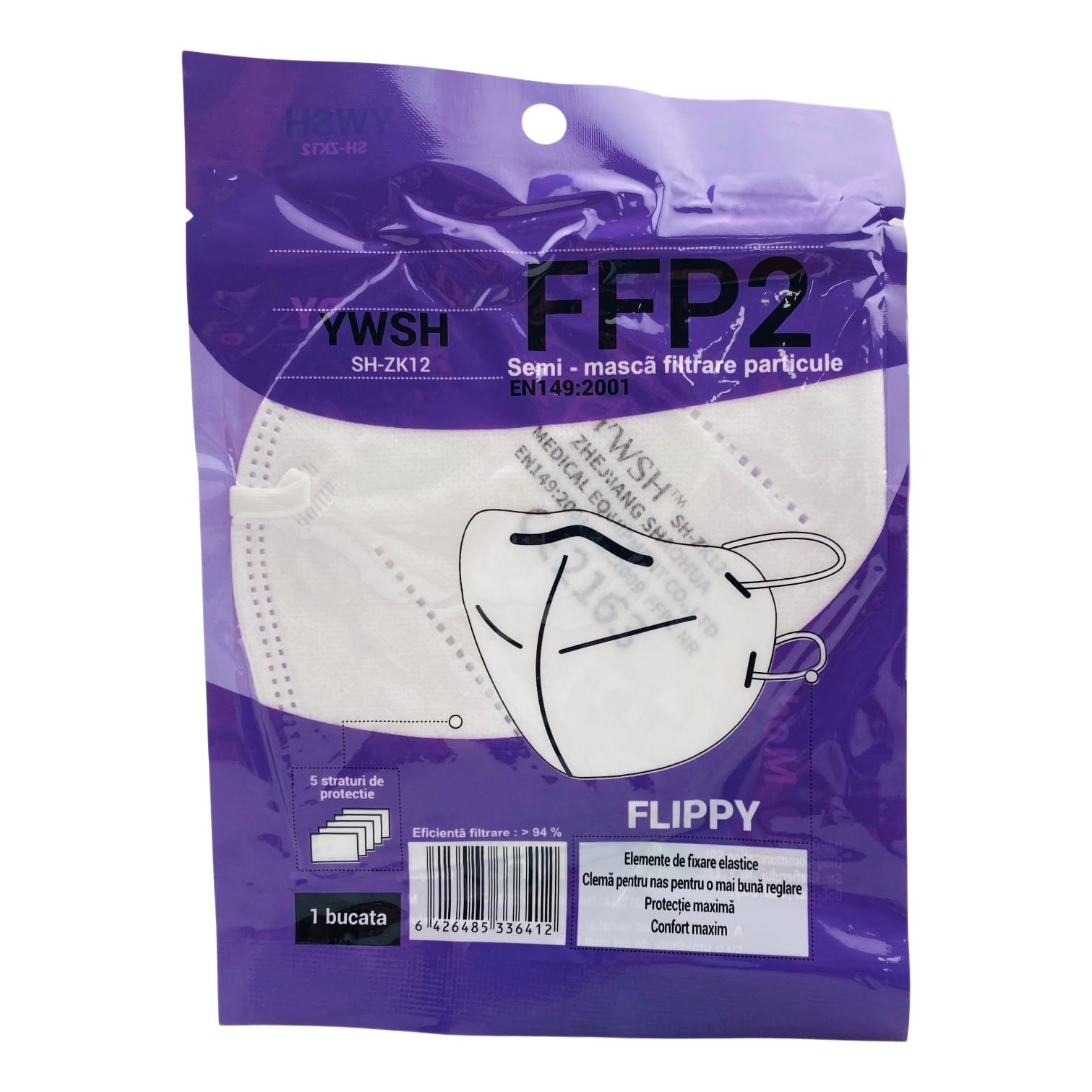 Set 5 bucati Masca de protectie faciala, Flippy®️, de unica folosinta, FFP2 CE 2163, 5 straturi, nesterila, ambalaj individual, Alb