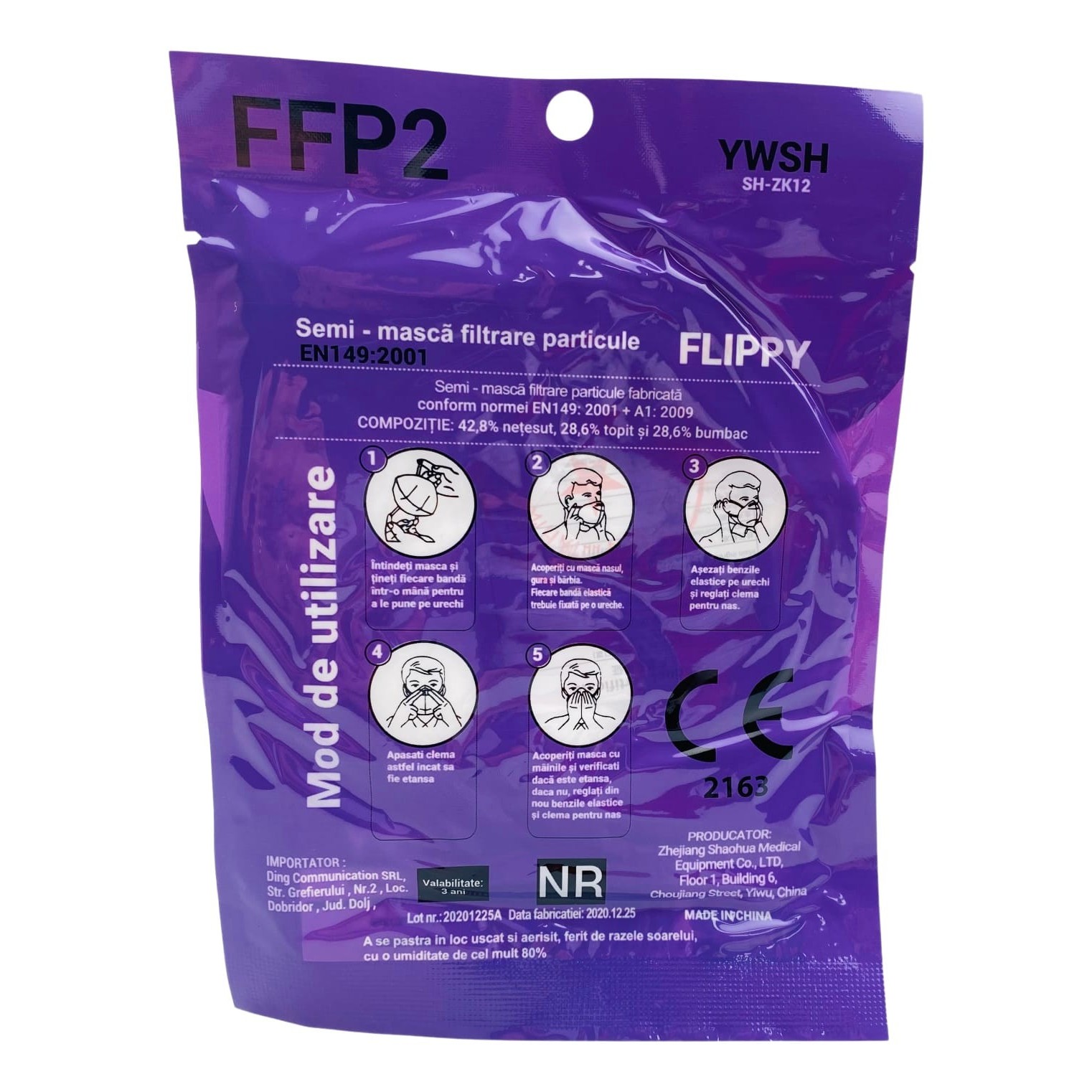 Set 2 bucati Masca de protectie faciala, Flippy®️, de unica folosinta, FFP2 CE 2163, 5 straturi, nesterila, ambalaj individual, Alb