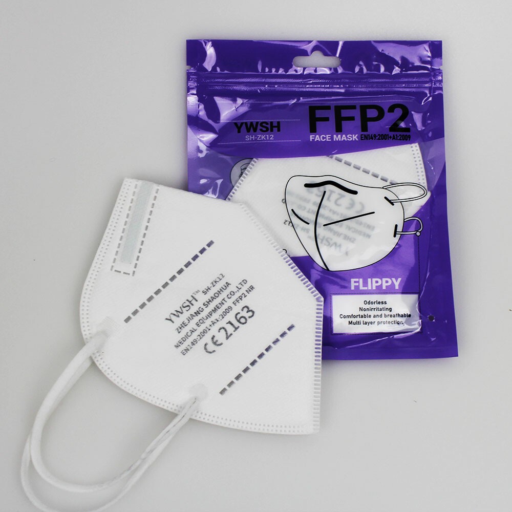 Set 50 bucati Masca de protectie faciala, Flippy®️, de unica folosinta, FFP2 CE 2163, 5 straturi, nesterila, ambalaj individual, Alb