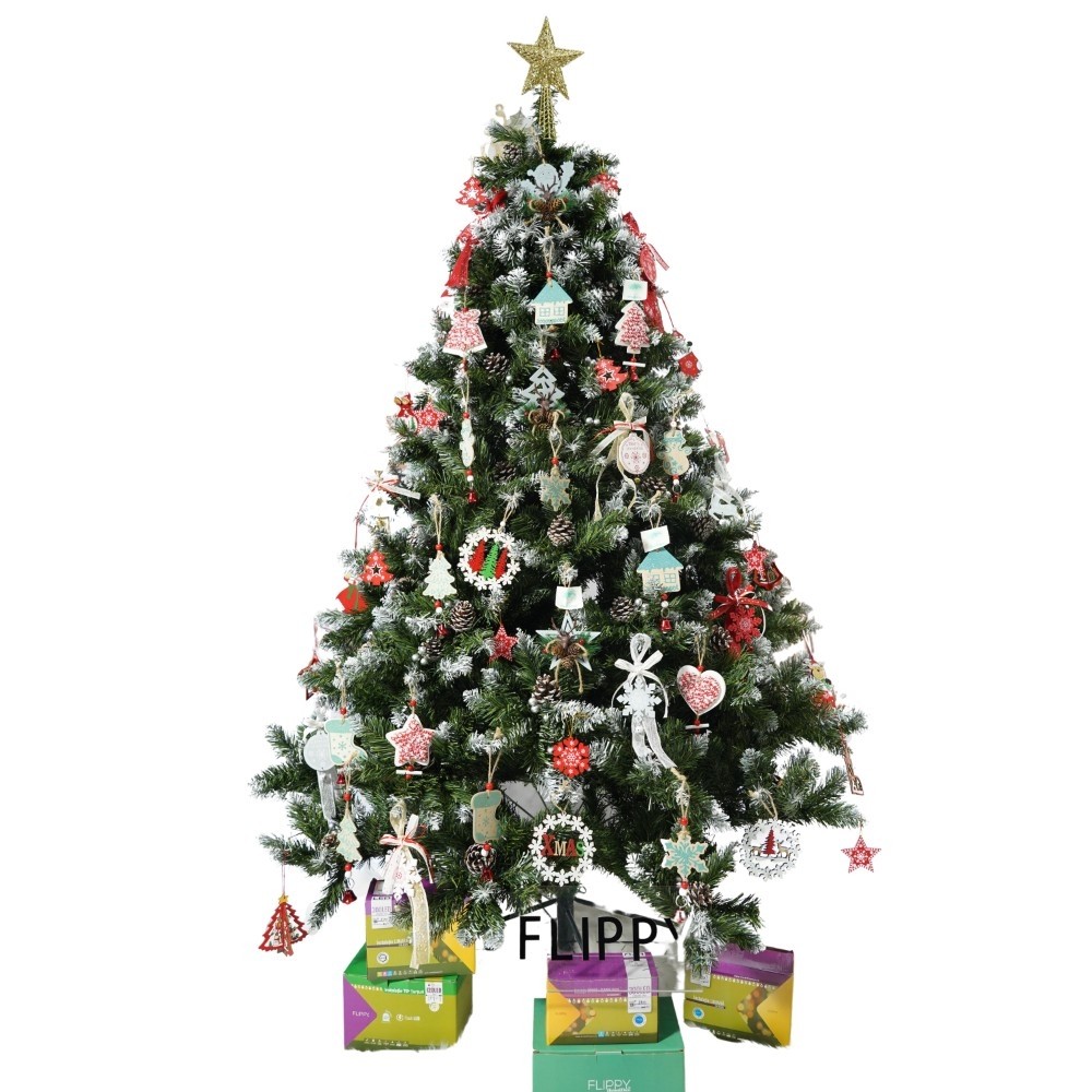 Set brad artificial de Craciun si elemente decorative, nins, decorat cu conuri pin, pentru perete/colt, inaltime 210 cm, diametru 149 cm, 1224 ramuri, Flippy, verde, suport metalic inclus