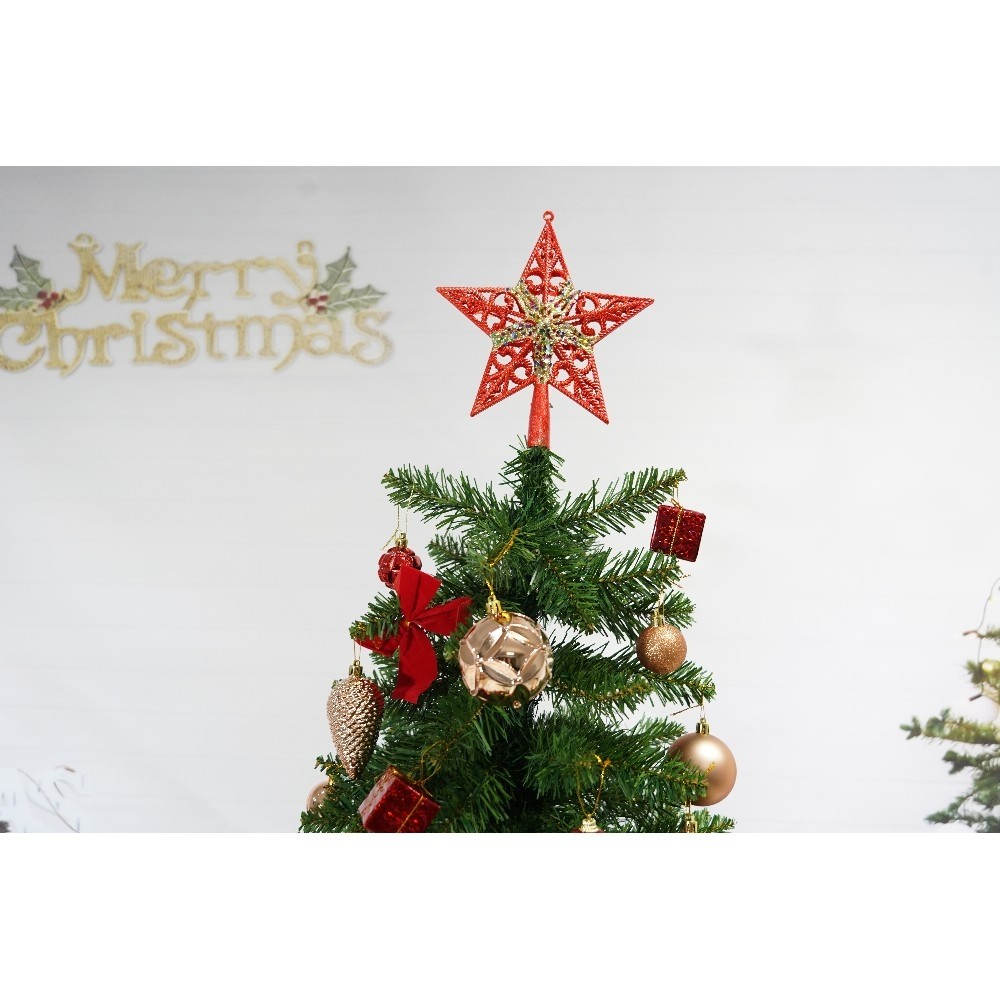Set brad artificial de Craciun si elemente decorative, clasic, pentru interior/exterior, inaltime 210 cm, diametru 125 cm, 957 ramuri, Flippy, verde, suport metalic inclus