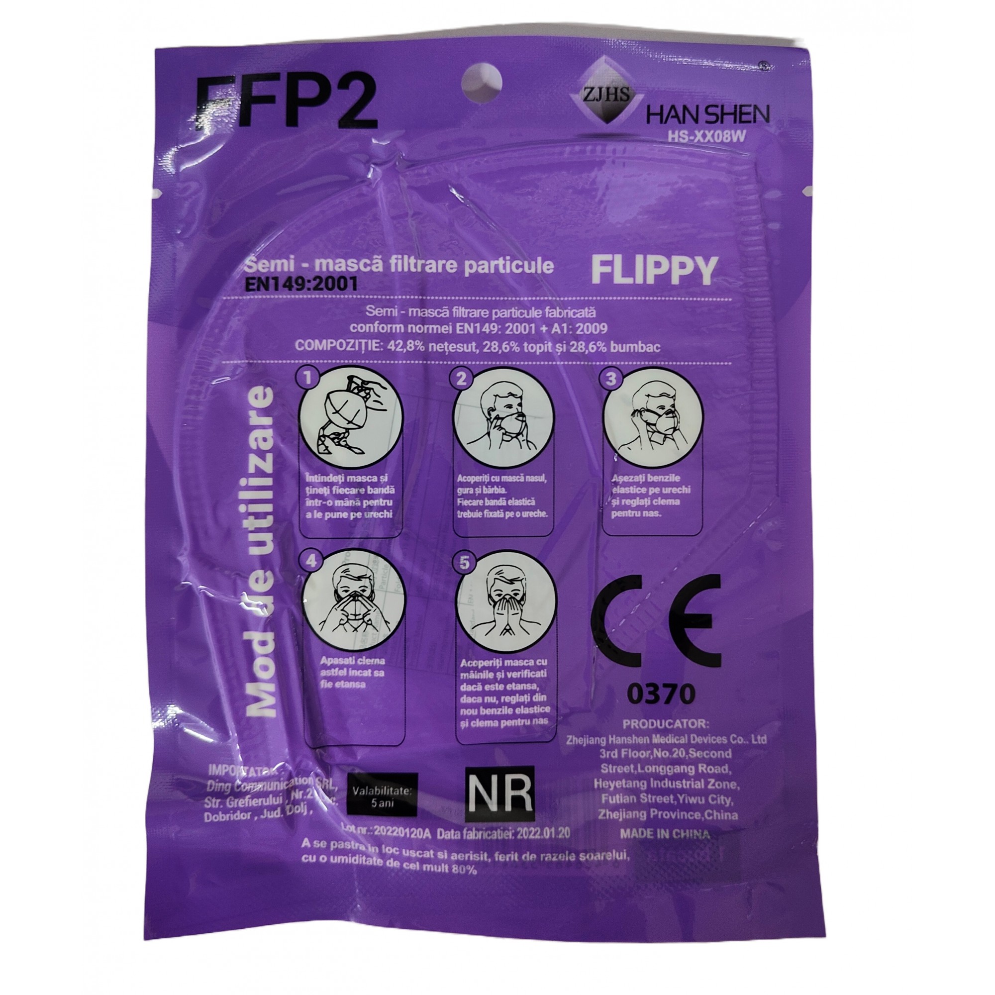 Set 1000 bucati Masca de protectie faciala, , de unica folosinta pentru adulti, FFP2, KN95 CE 0370, 5 straturi, nesterila, ambalaj individual, Alb 5