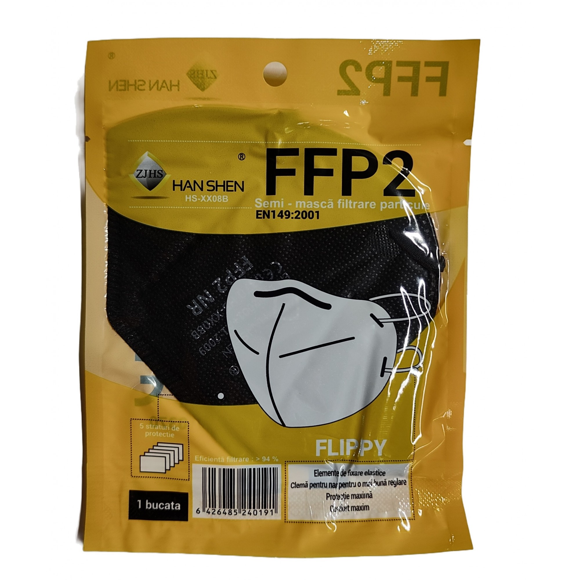 Set 3 bucati Masca de protectie faciala, Flippy, de unica folosinta pentru adulti, FFP2, KN95 CE 0370, 5 straturi, nesterila, ambalaj individual, Negru