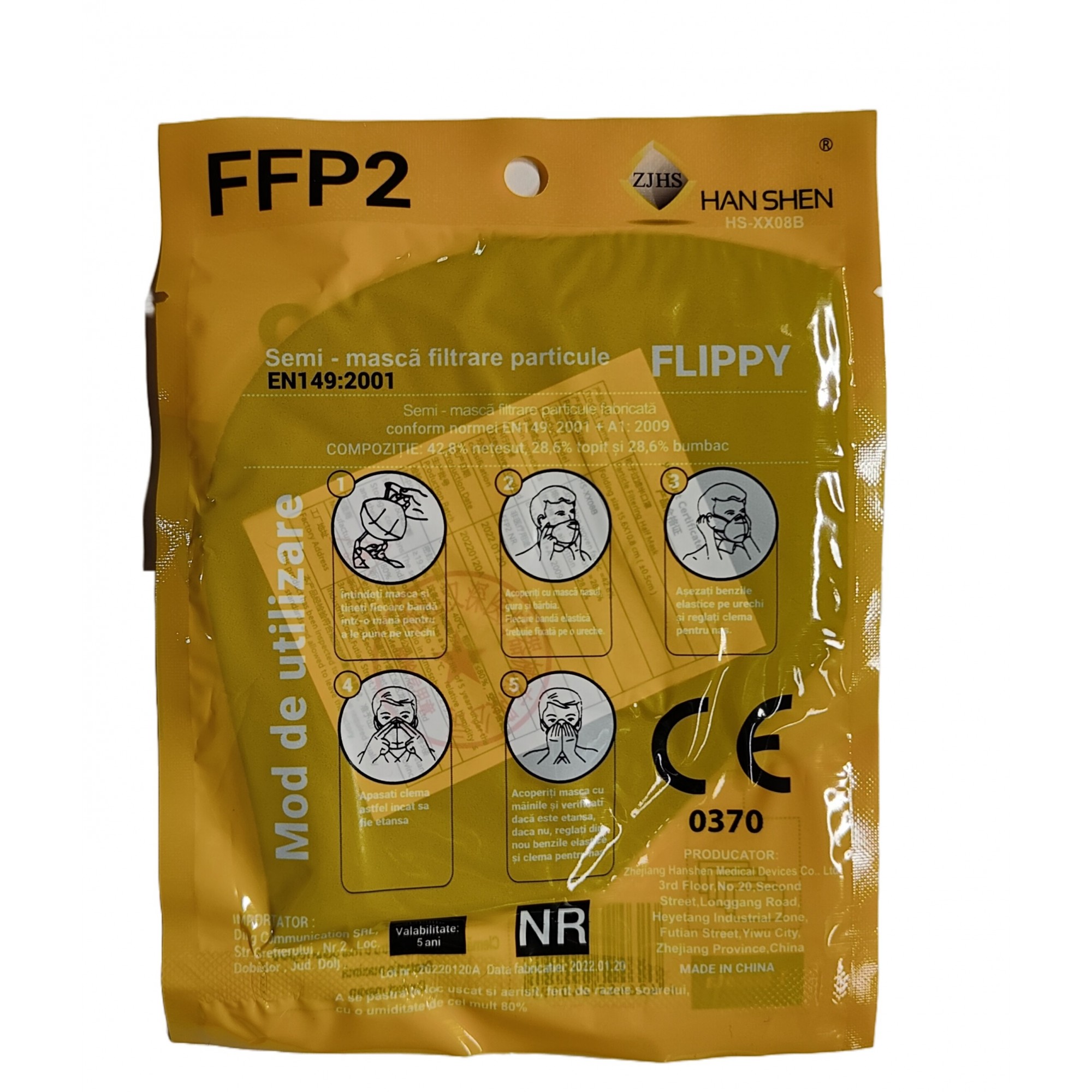 Set 5 bucati Masca de protectie faciala, Flippy, de unica folosinta pentru adulti, FFP2, KN95 CE 0370, 5 straturi, nesterila, ambalaj individual, Negru
